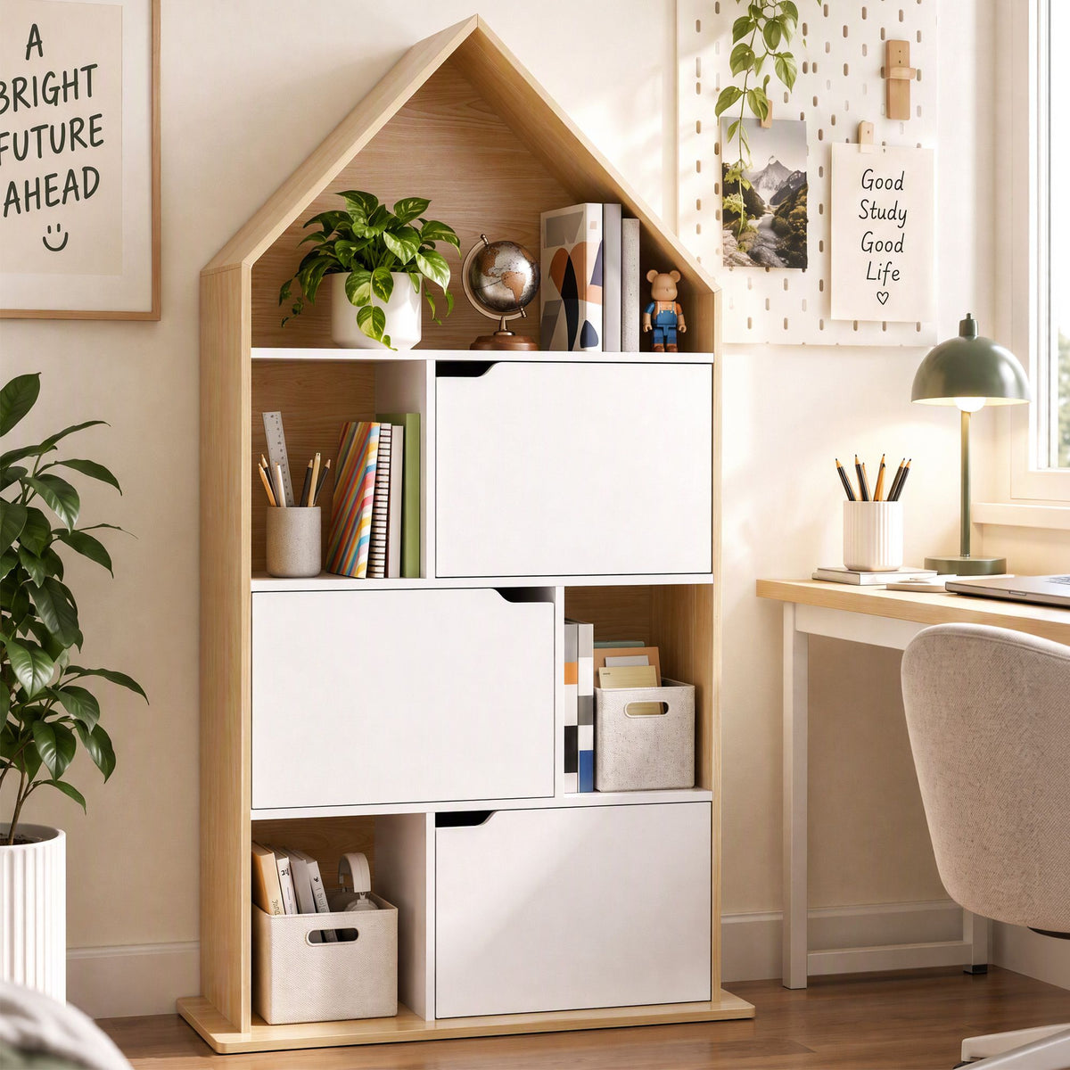 Artiss House Bookshelf 4 Tier Kids Storage Cabinet Shelf Unit White Pine