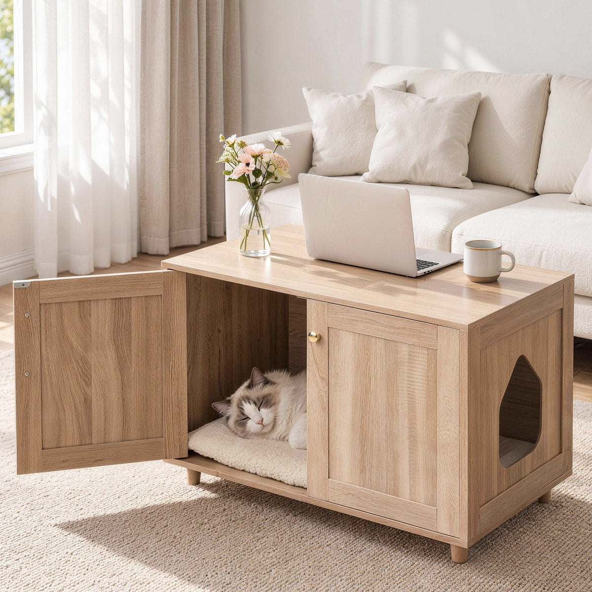 Artiss 2-in-1 Coffee Table Pet House Cat Bed Wooden Side Table 80 x 50 x 55cm