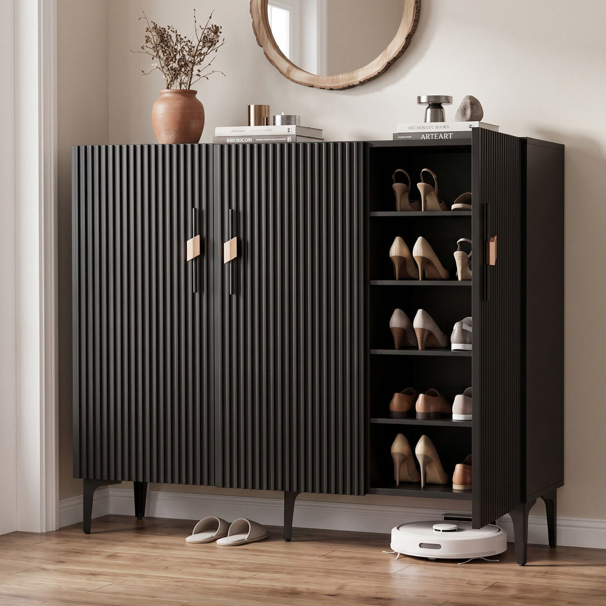 Artiss Fluted Shoe Cabinet 25 Pairs Shoe Storage Cupboard 120cm Black & Gold