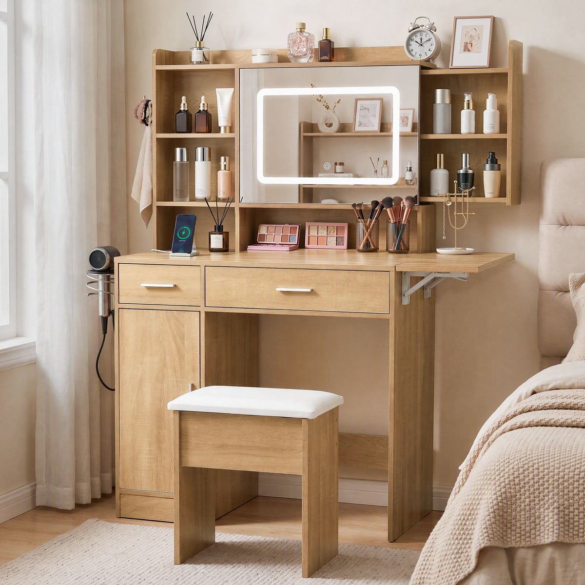 Artiss Dressing Table Vanity Desk Set Stool LED Charging Station Wood