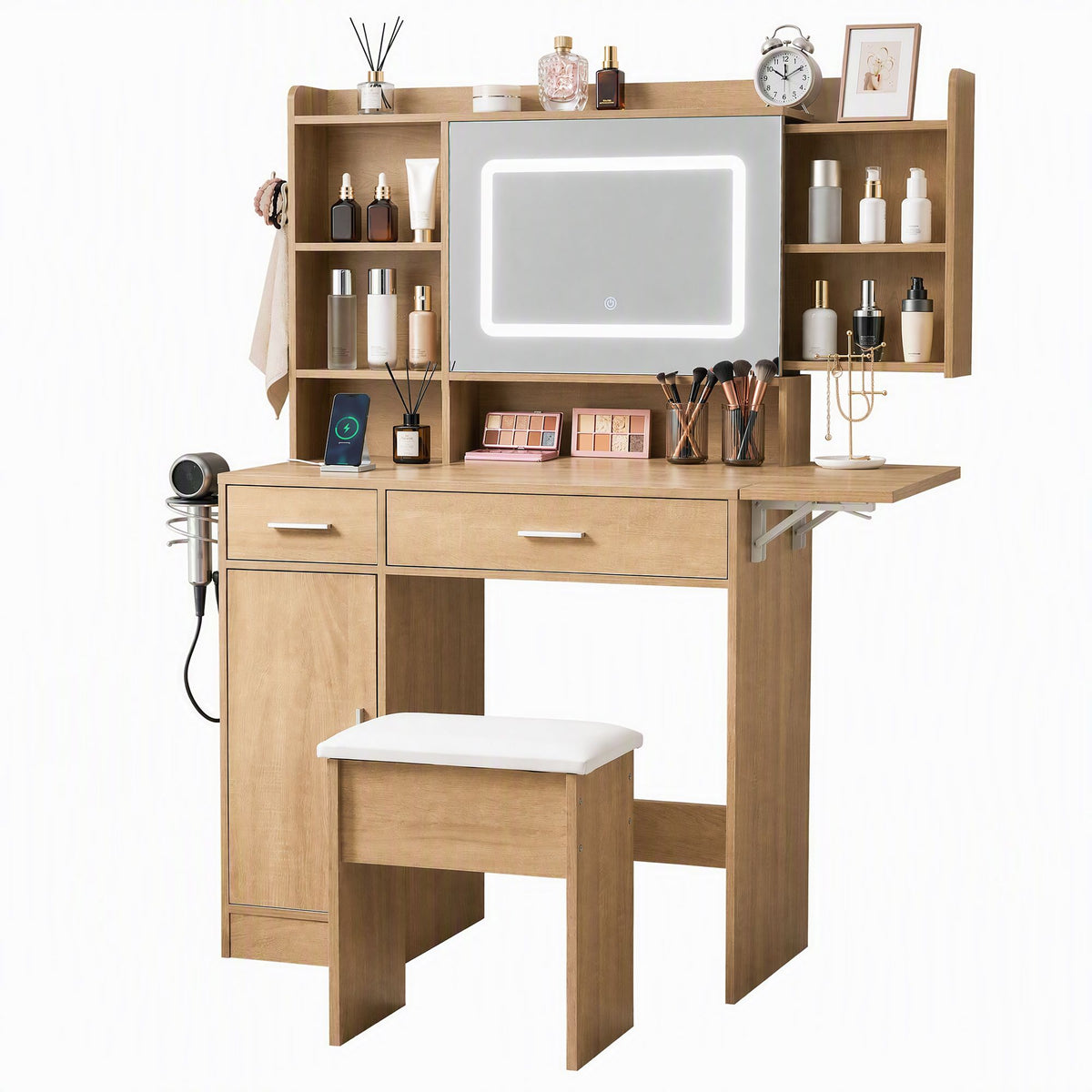 Artiss Dressing Table Vanity Desk Set Stool LED Charging Station Wood