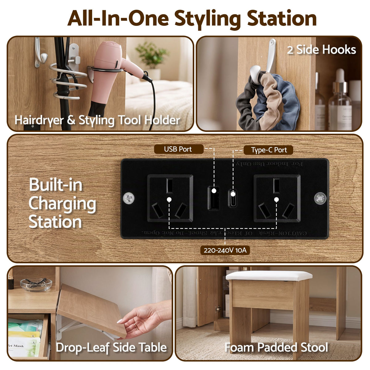 Artiss Dressing Table Vanity Desk Set Stool LED Charging Station Wood