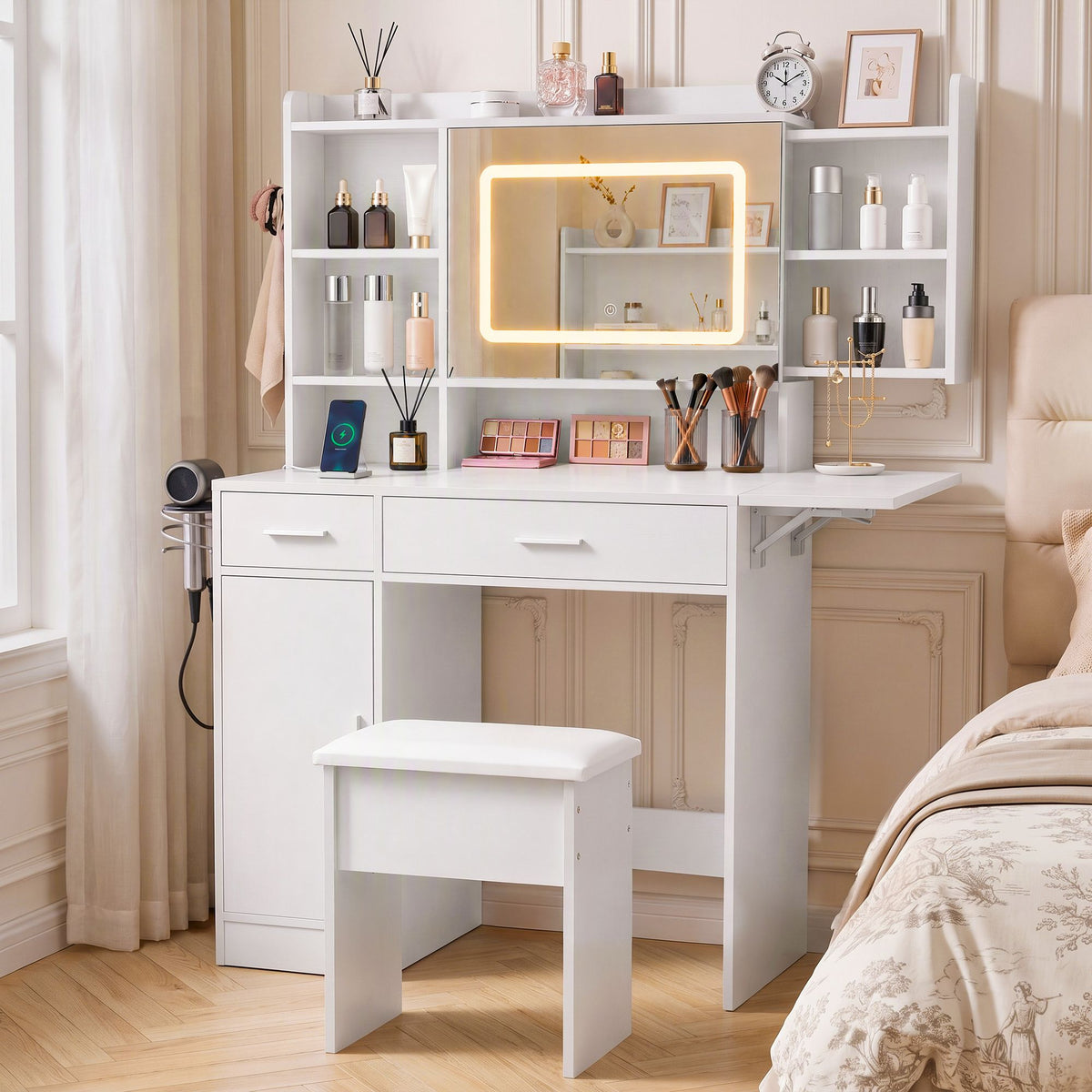 Artiss Dressing Table Vanity Desk Set Stool LED Charging Station White