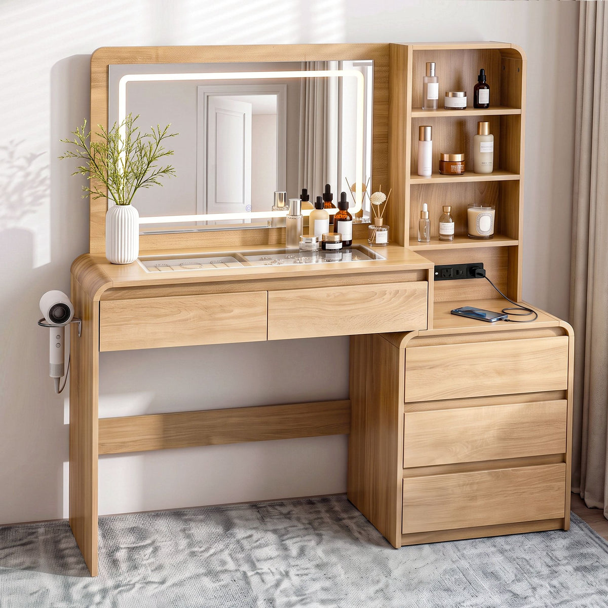 Artiss Dressing Table with LED Mirror, Charging Station & 5 Drawers 140cm Wood