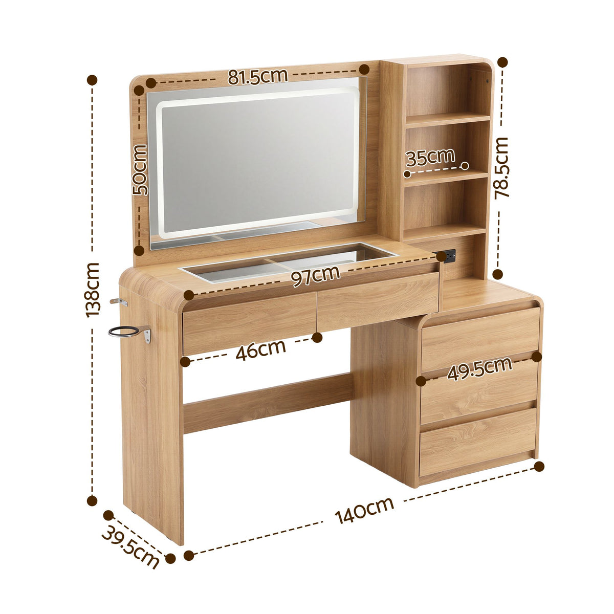 Artiss Dressing Table with LED Mirror, Charging Station & 5 Drawers 140cm Wood