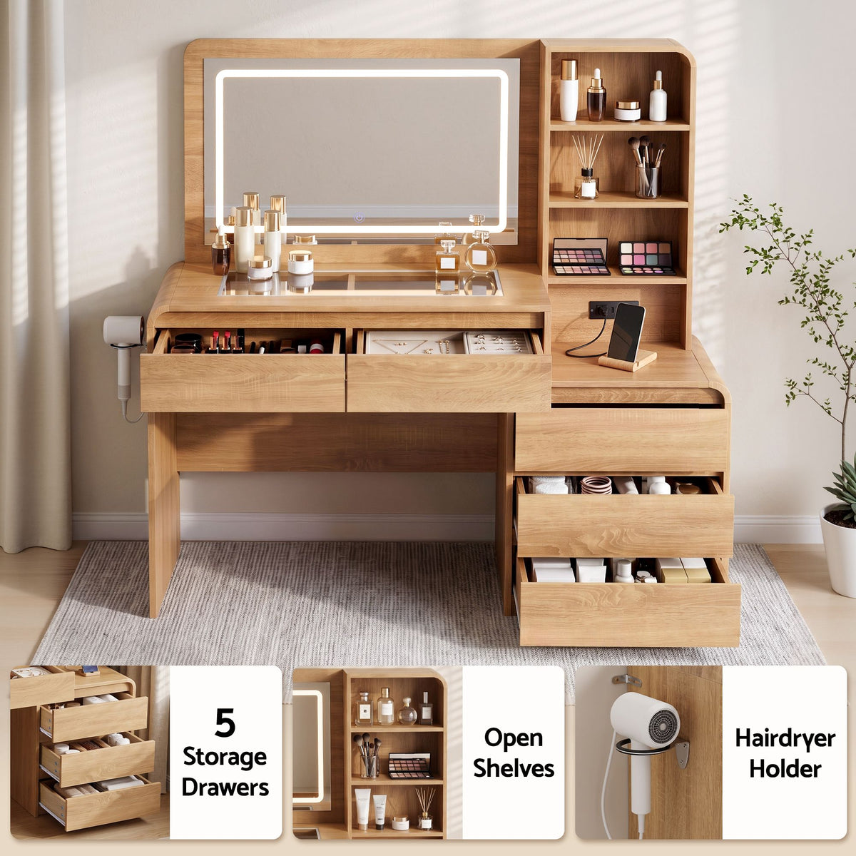 Artiss Dressing Table with LED Mirror, Charging Station & 5 Drawers 140cm Wood