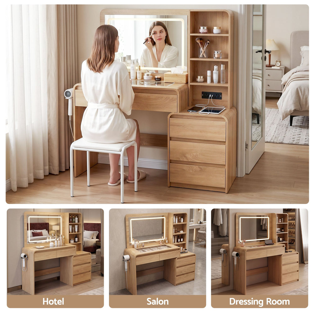 Artiss Dressing Table with LED Mirror, Charging Station & 5 Drawers 140cm Wood