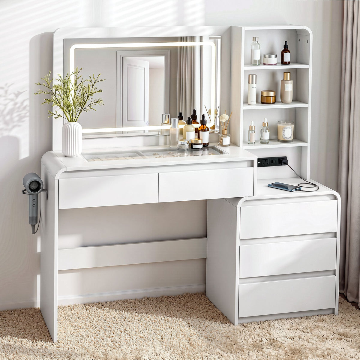 Artiss Dressing Table with LED Mirror, Charging Station & 5 Drawers 140cm White