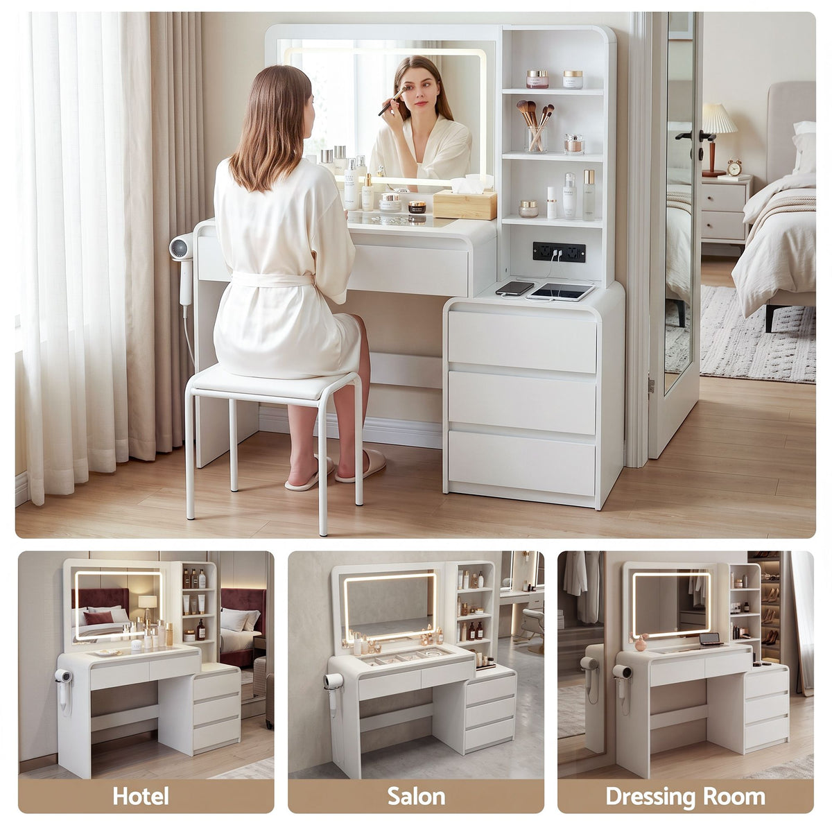 Artiss Dressing Table with LED Mirror, Charging Station & 5 Drawers 140cm White