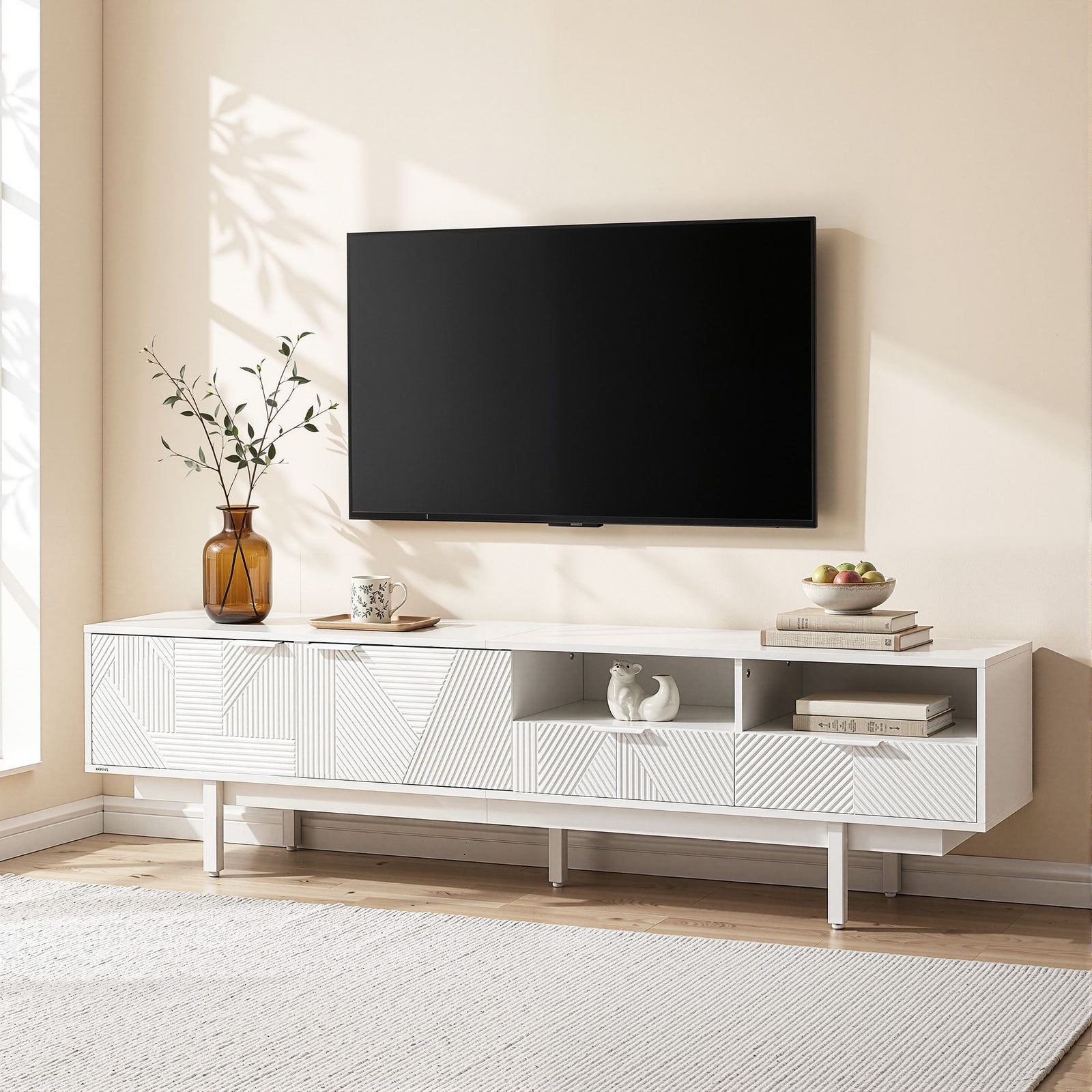 200cm Entertainment Unit – Fluted Design, 2 Cabinets, 2 Drawers, White