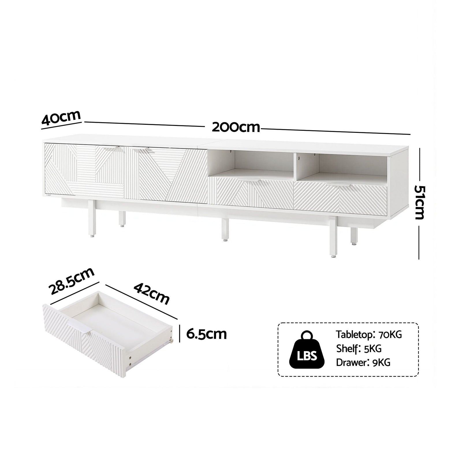 200cm Entertainment Unit – Fluted Design, 2 Cabinets, 2 Drawers, White