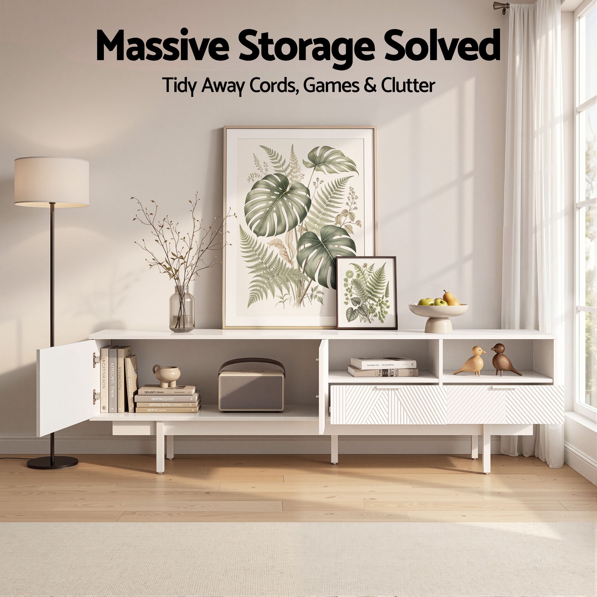 200cm Entertainment Unit – Fluted Design, 2 Cabinets, 2 Drawers, White