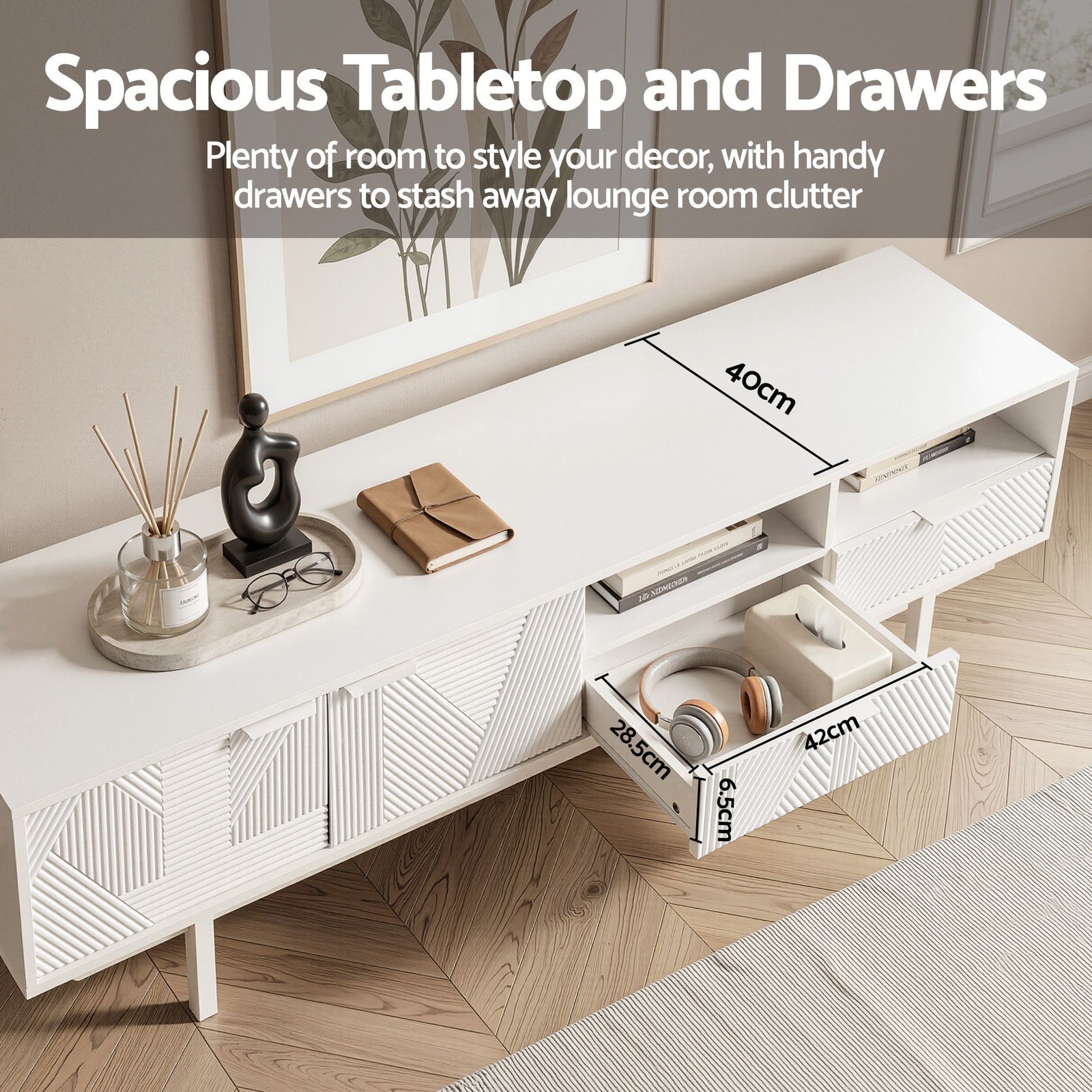 200cm Entertainment Unit – Fluted Design, 2 Cabinets, 2 Drawers, White