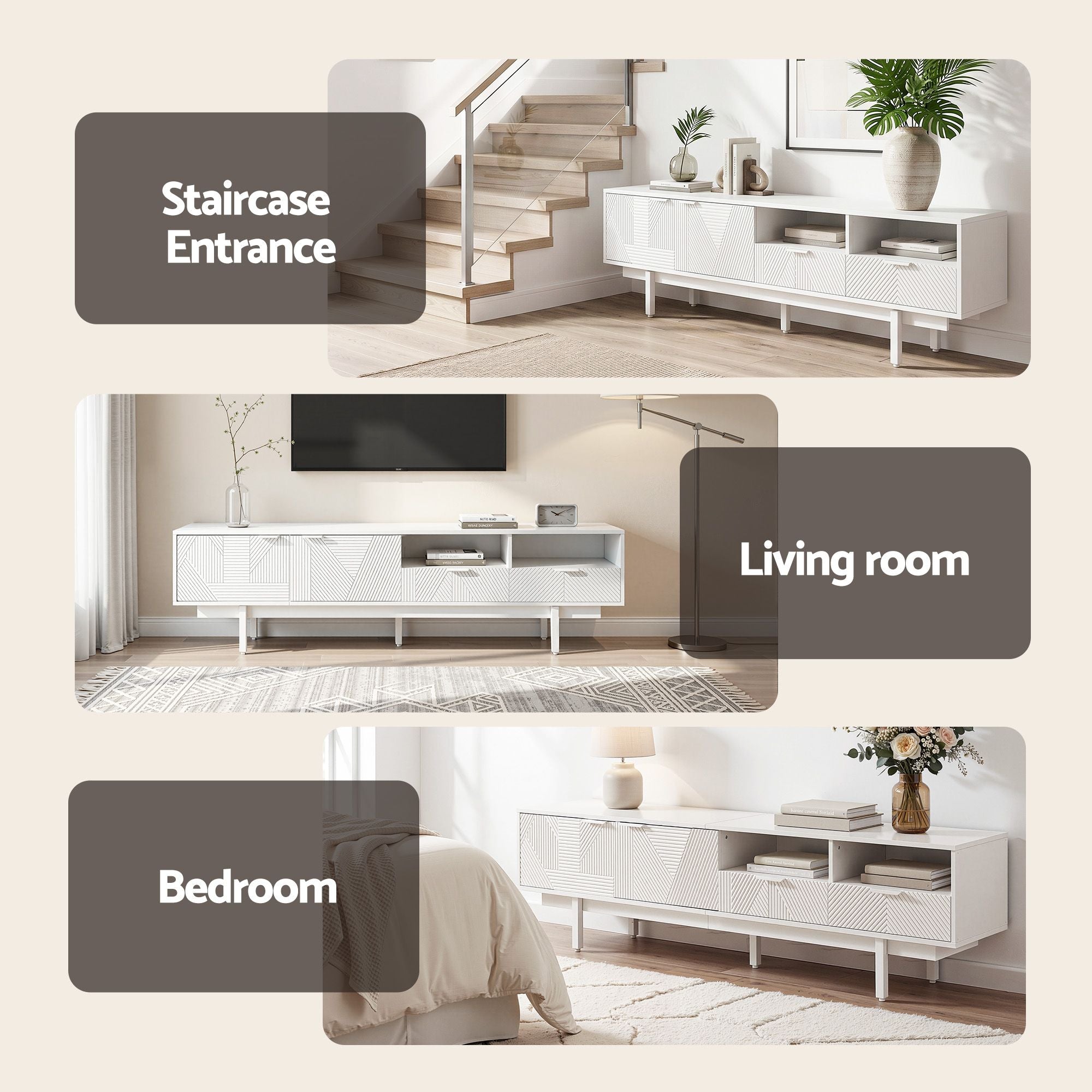 200cm Entertainment Unit – Fluted Design, 2 Cabinets, 2 Drawers, White