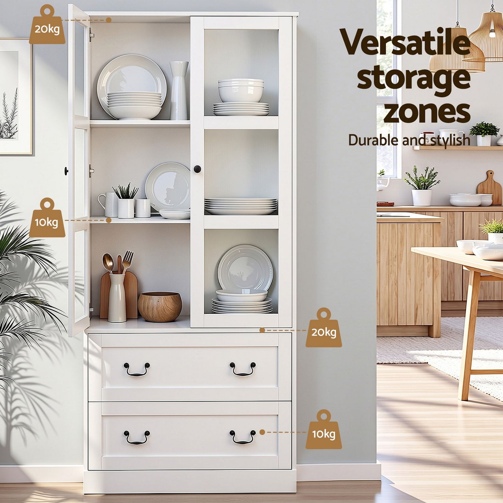 Artiss Buffet Sideboard Cabinets X2 180cm Hutch Storage Kitchen Clear Door White