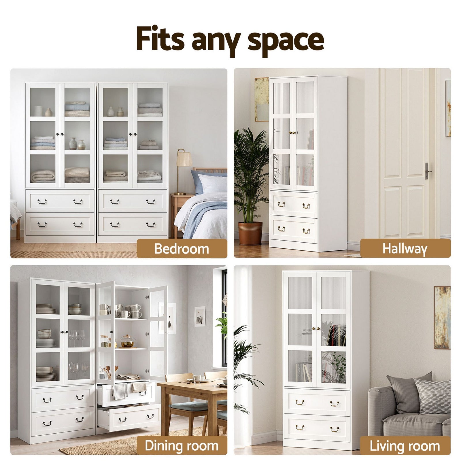 Artiss Buffet Sideboard Cabinets X2 180cm Hutch Storage Kitchen Clear Door White