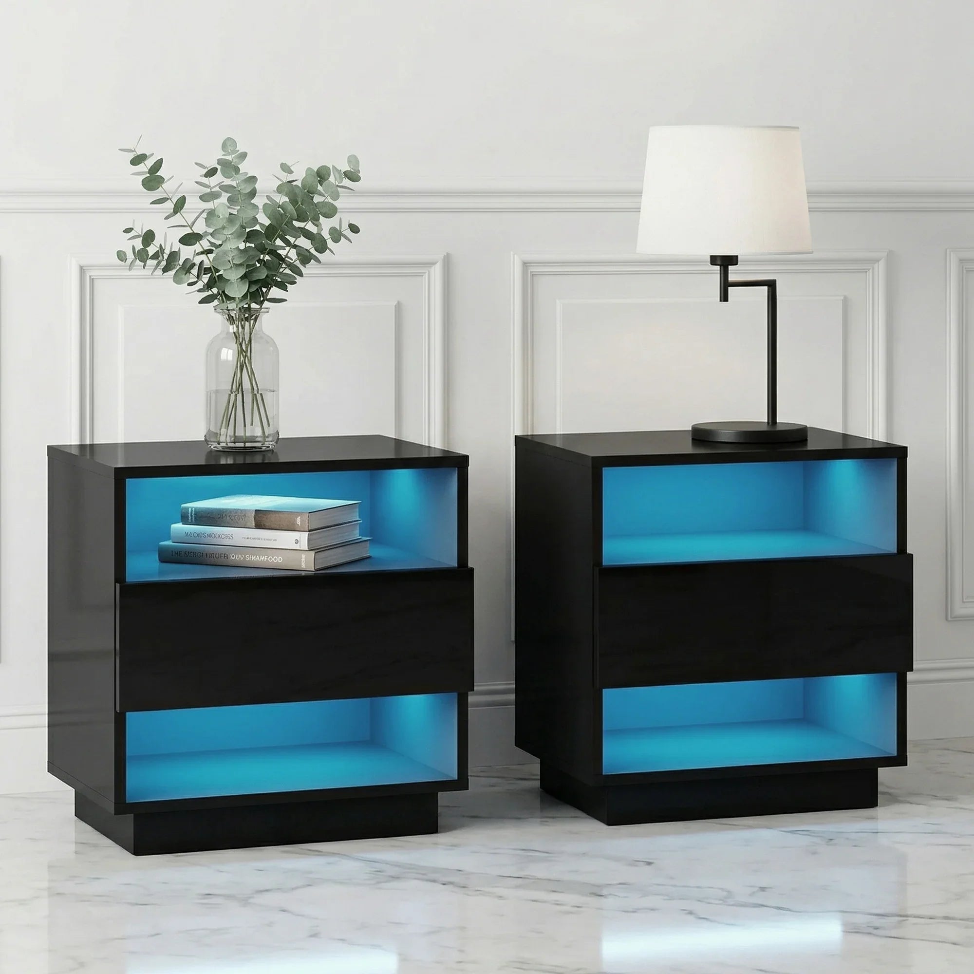 Set of 2 LED Bedside Tables with Drawer, Shelves & 16‑Colour Light Remote Control