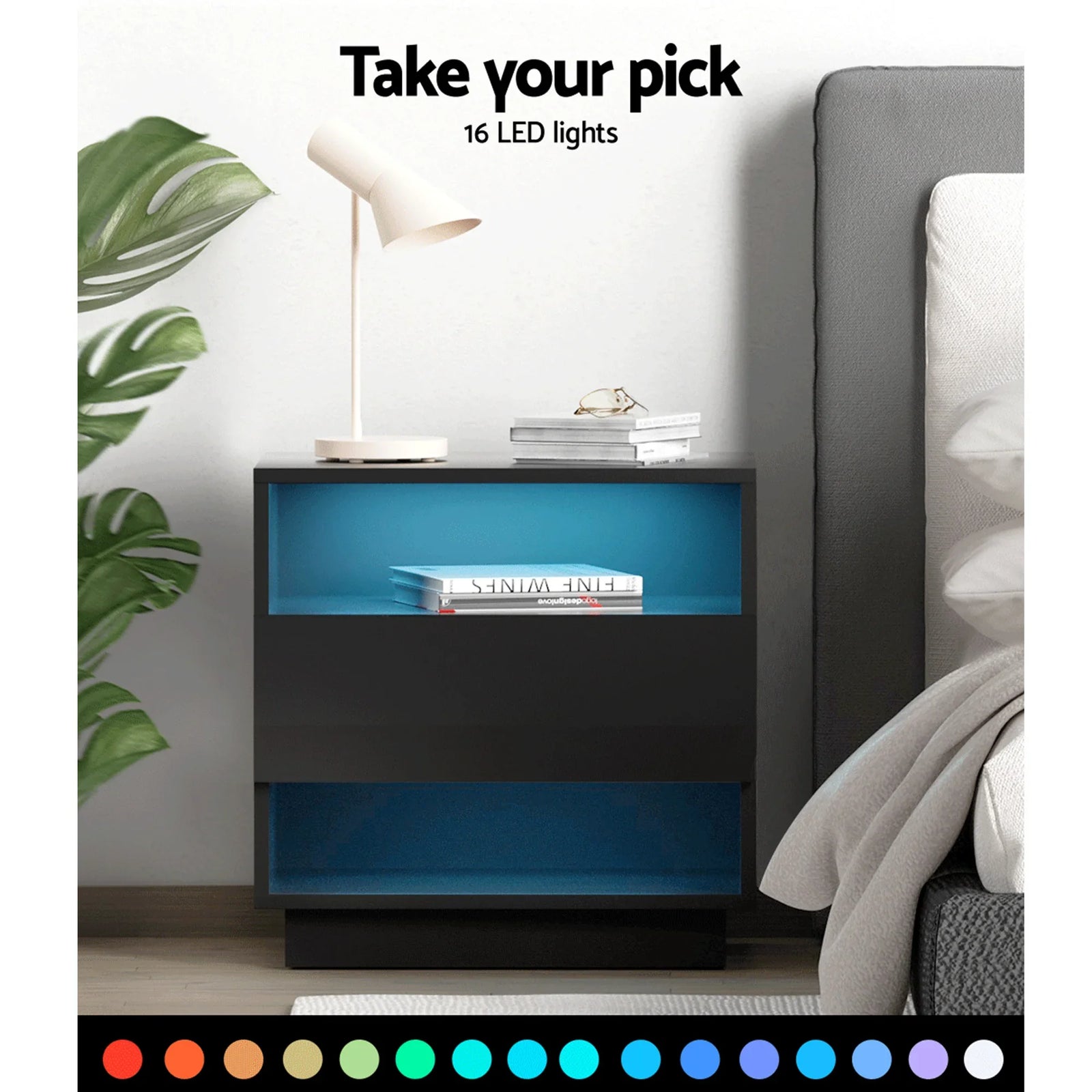 Set of 2 LED Bedside Tables with Drawer, Shelves & 16‑Colour Light Remote Control