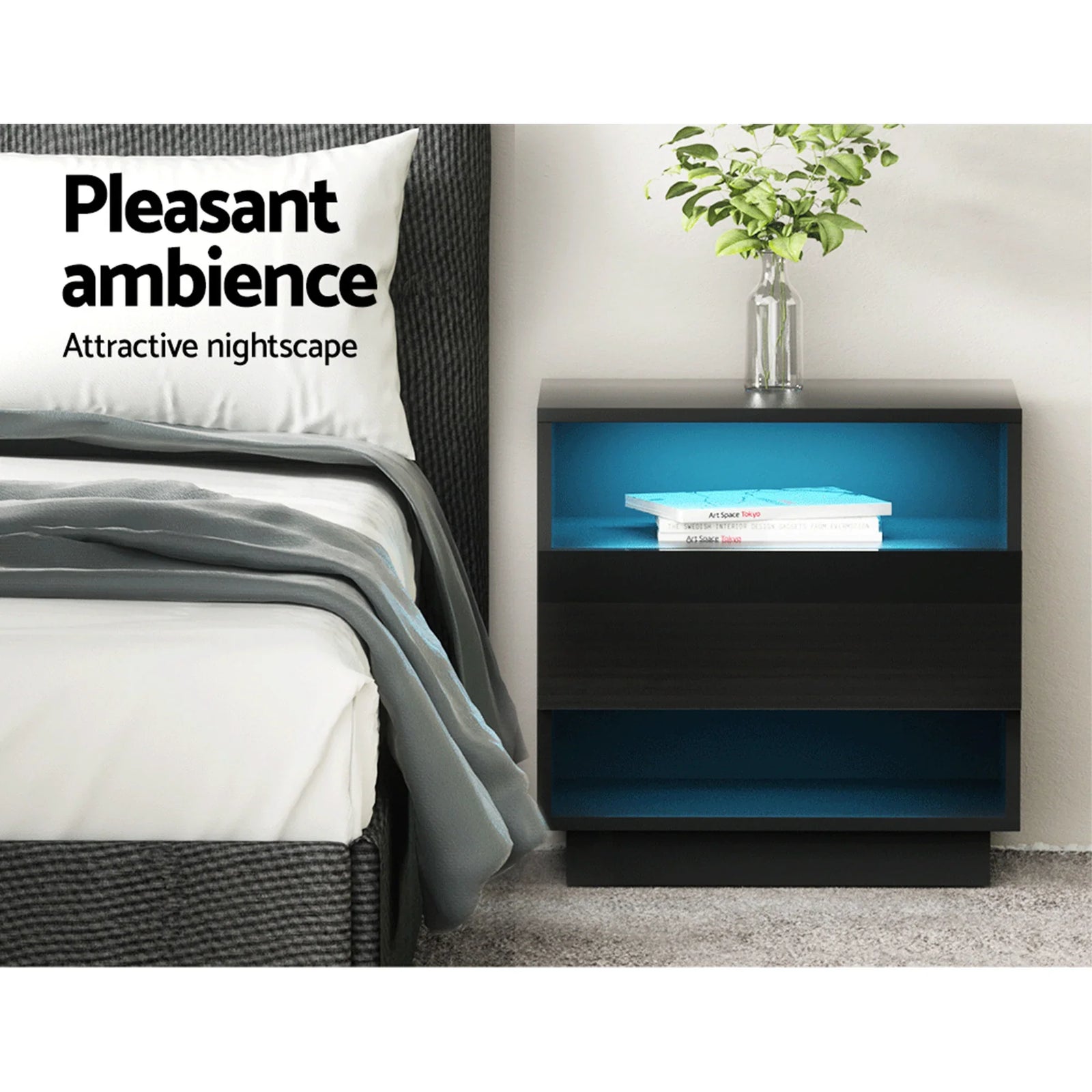 Set of 2 LED Bedside Tables with Drawer, Shelves & 16‑Colour Light Remote Control