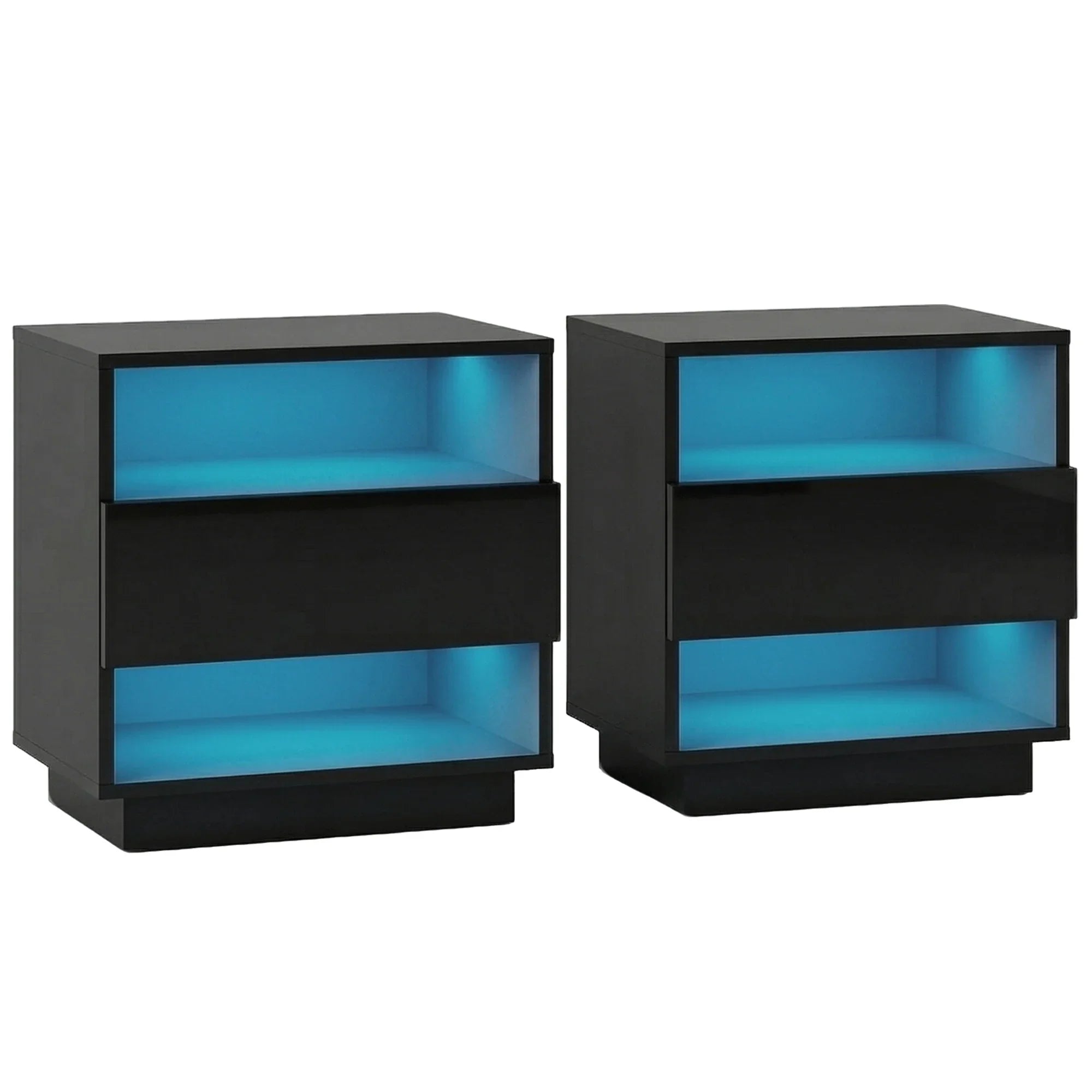 Set of 2 LED Bedside Tables with Drawer, Shelves & 16‑Colour Light Remote Control