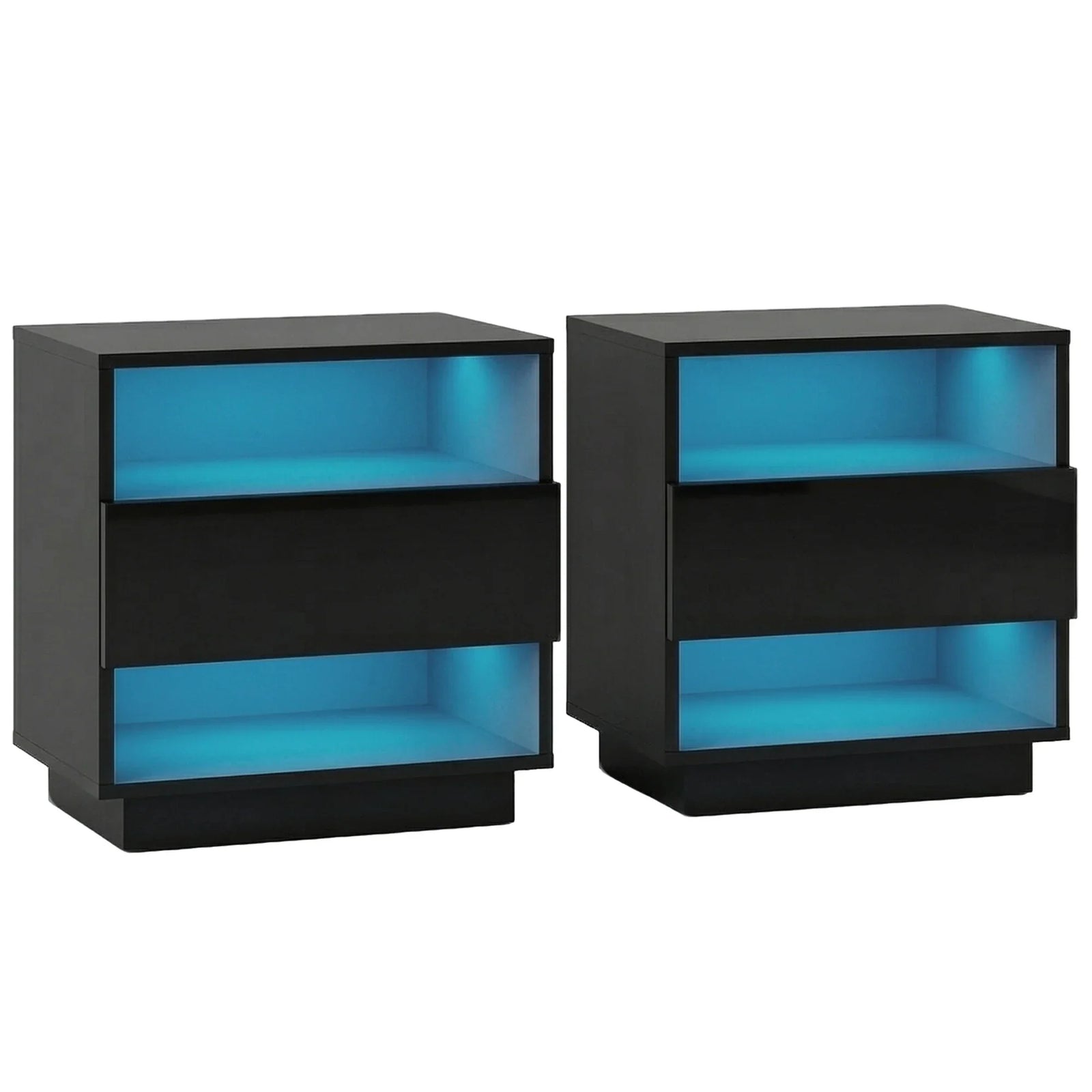 Set of 2 LED Bedside Tables with Drawer, Shelves & 16‑Colour Light Remote Control