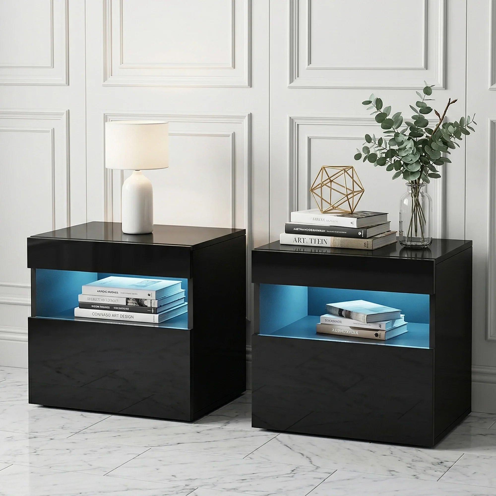 Set of 2 LED Bedside Tables with Drawer, Shelf & 16‑Colour Light Remote Control