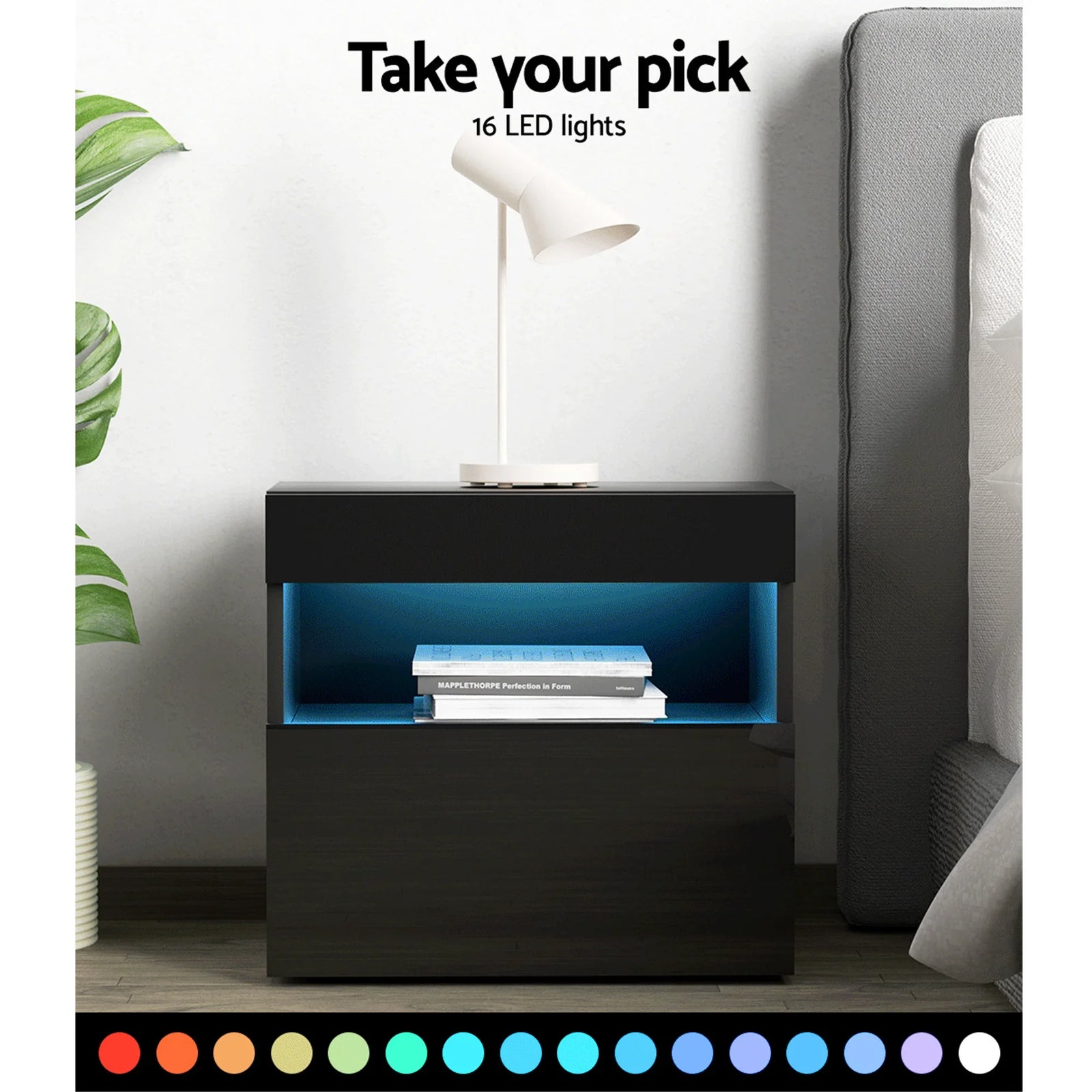 Set of 2 LED Bedside Tables with Drawer, Shelf & 16‑Colour Light Remote Control