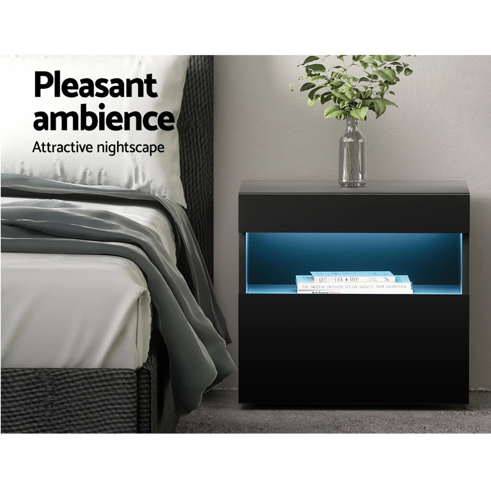 Set of 2 LED Bedside Tables with Drawer, Shelf & 16‑Colour Light Remote Control