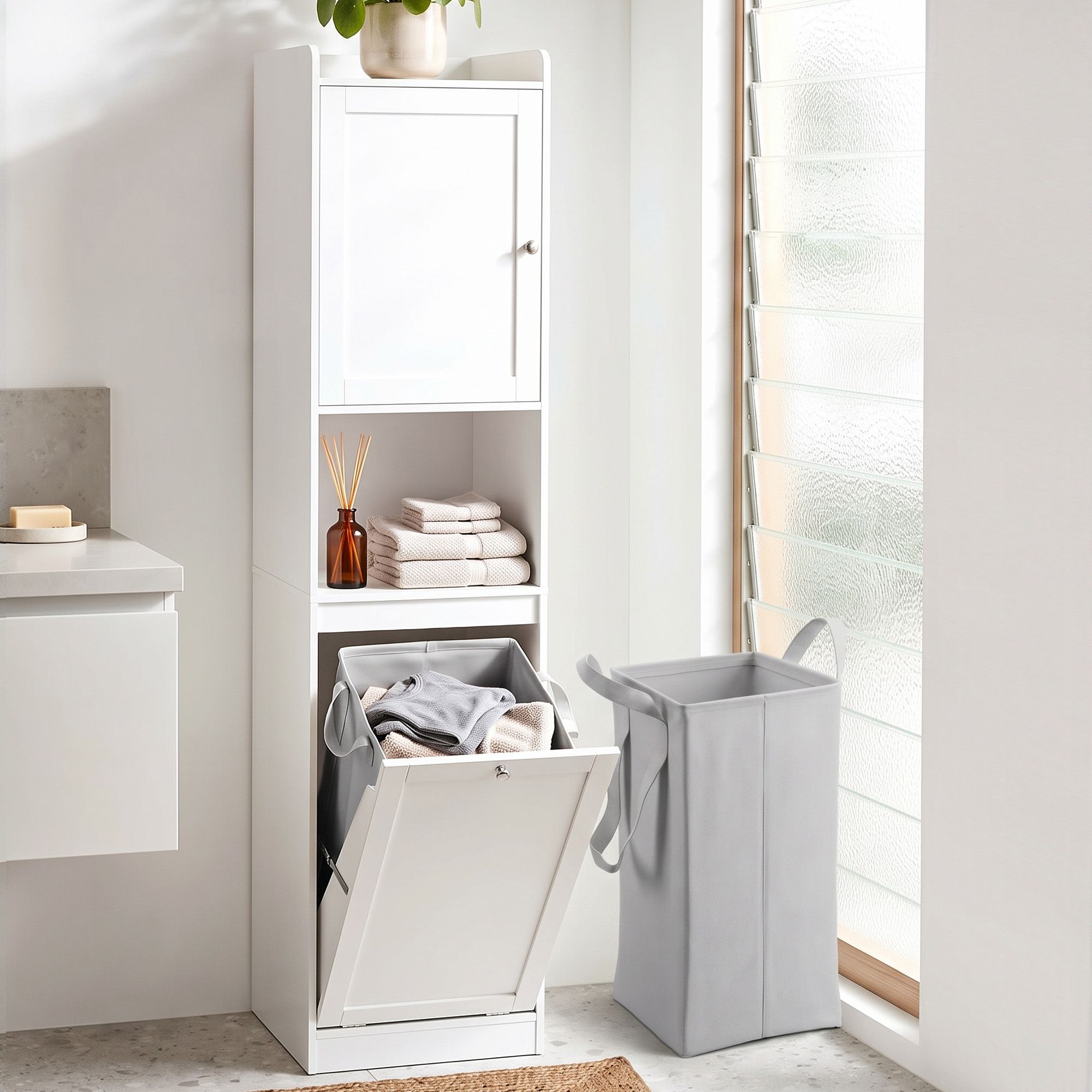Artiss Tall Bathroom Storage Cabinet with Tilt Out Laundry Hamper White 170cm