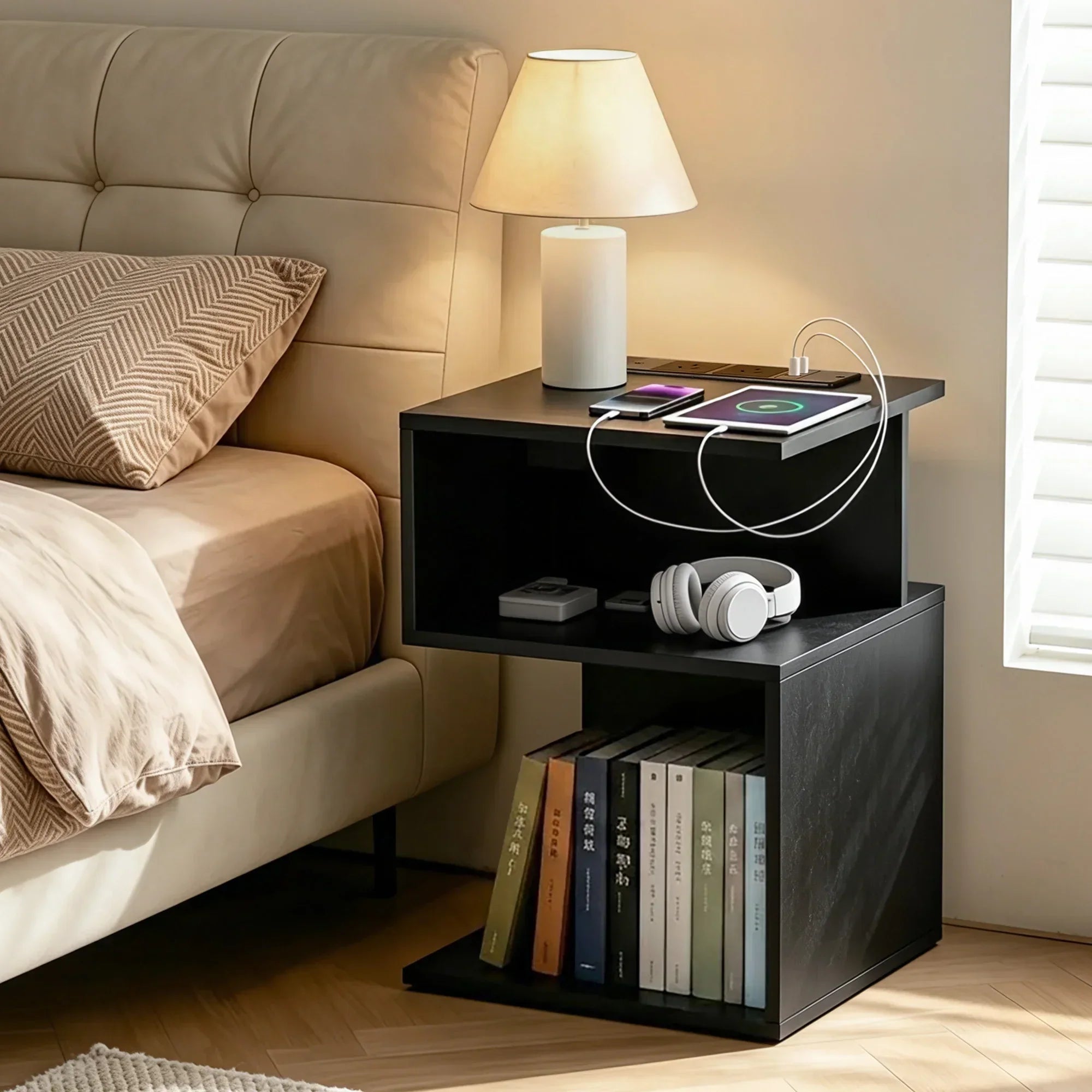 Bedside Table 2 Shelves S-Shaped Charging Station Black