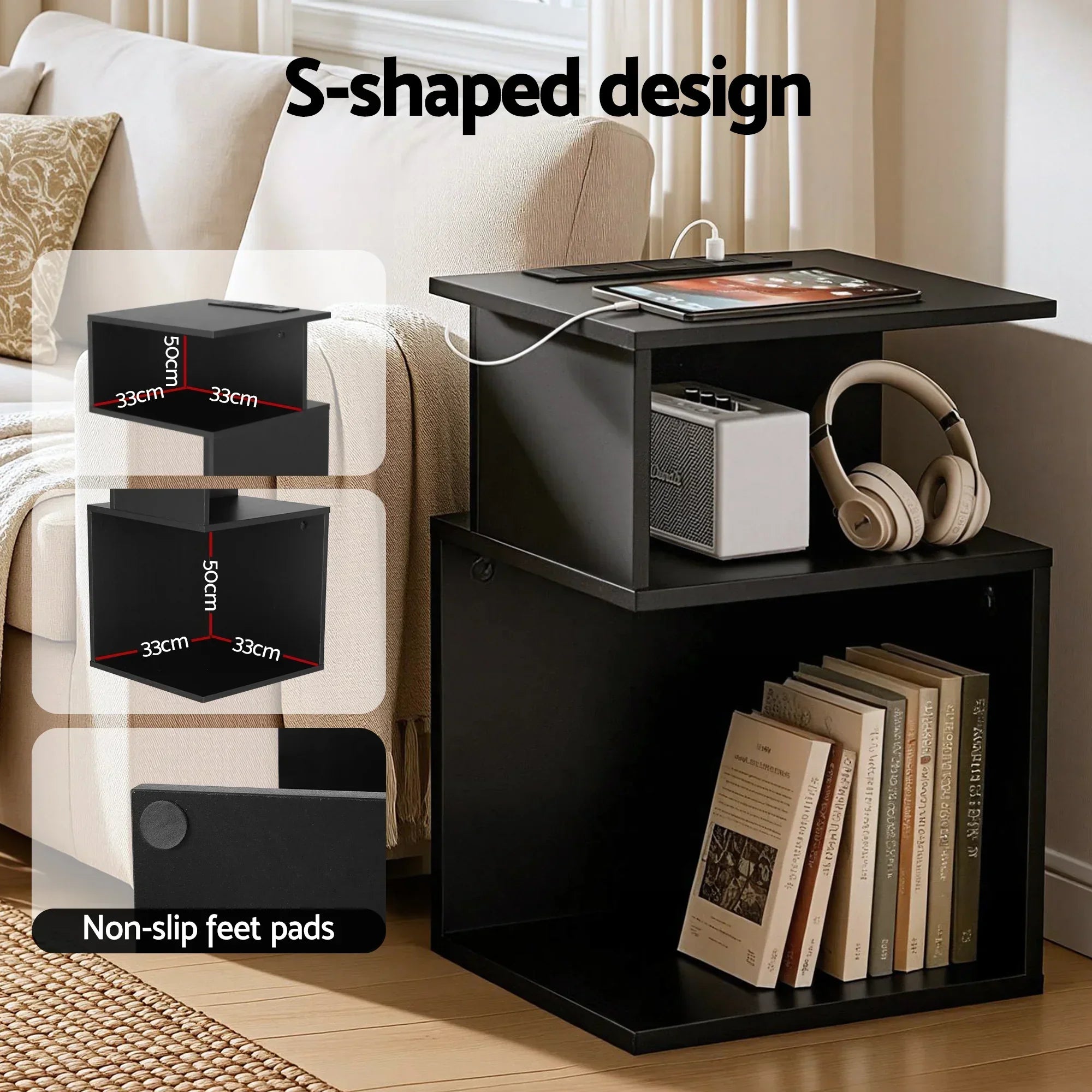 Bedside Table 2 Shelves S-Shaped Charging Station Black