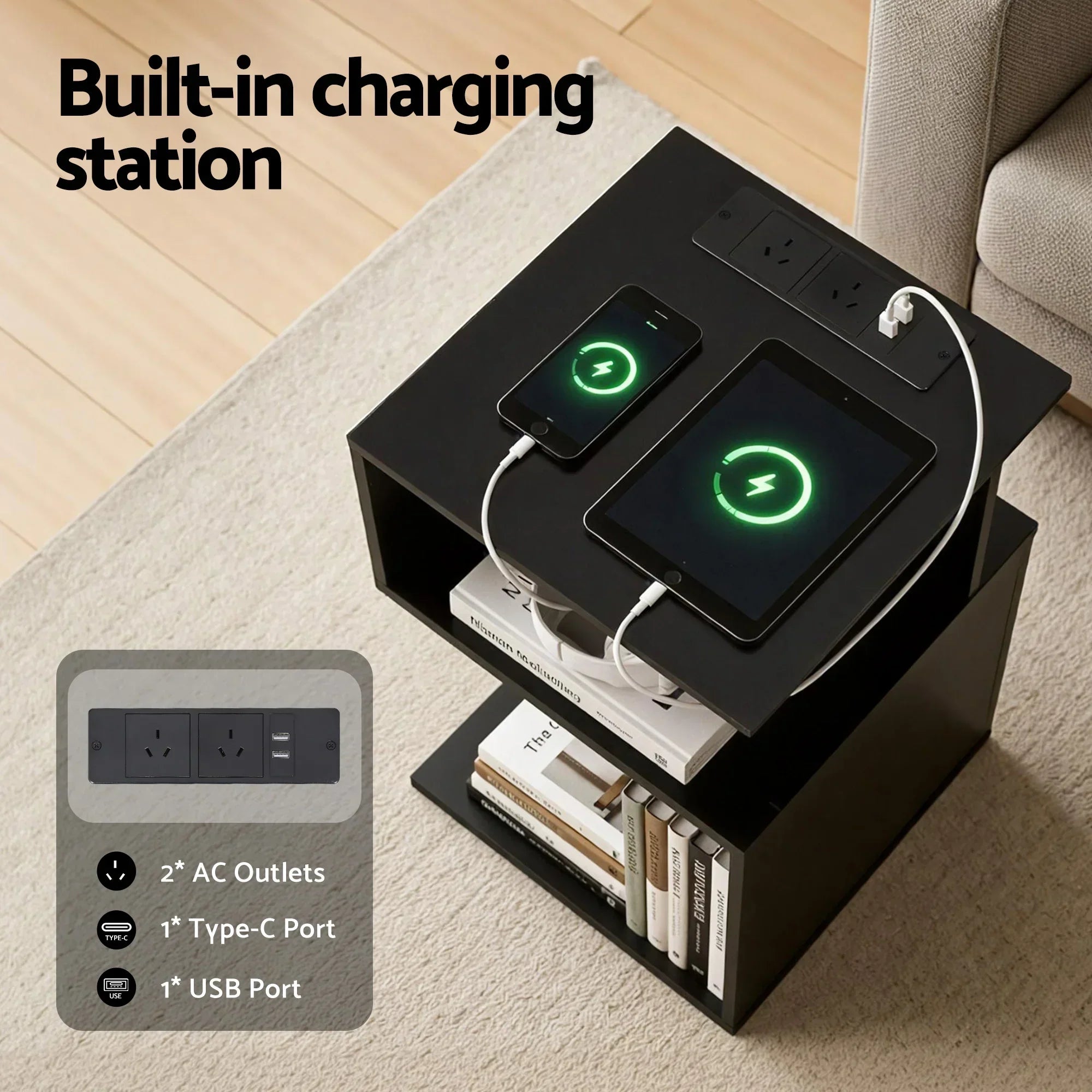 Bedside Table 2 Shelves S-Shaped Charging Station Black