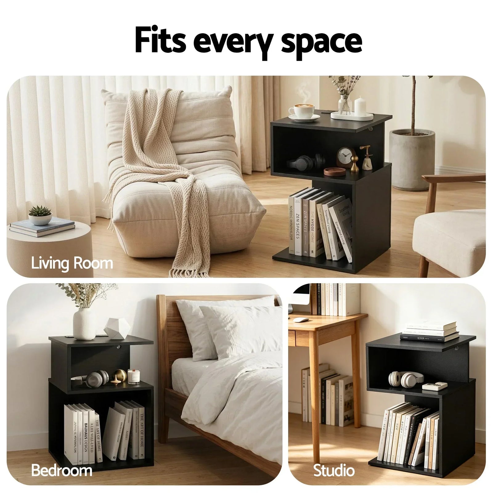 Bedside Table 2 Shelves S-Shaped Charging Station Black