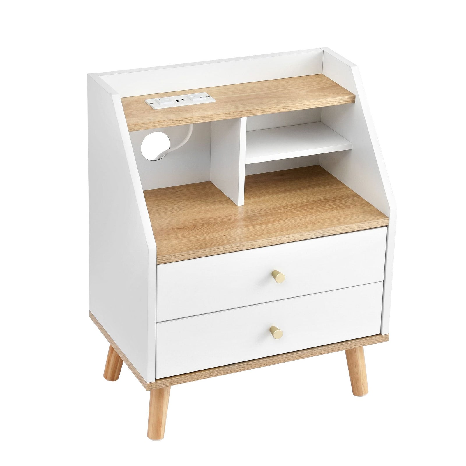 Bedside Table – 2 Drawers, 3 Shelves, Charging Ports, White & Pine