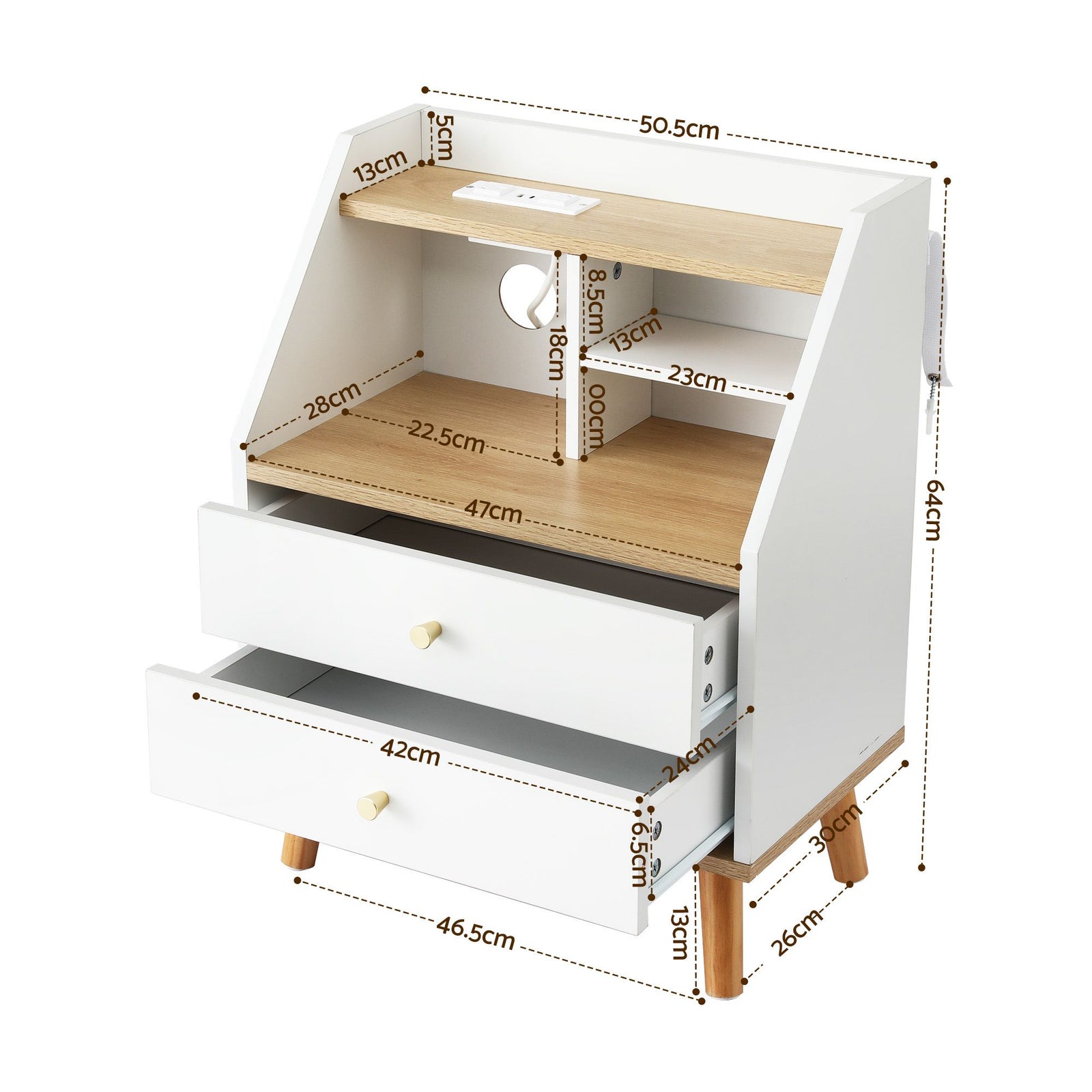 Bedside Table – 2 Drawers, 3 Shelves, Charging Ports, White & Pine
