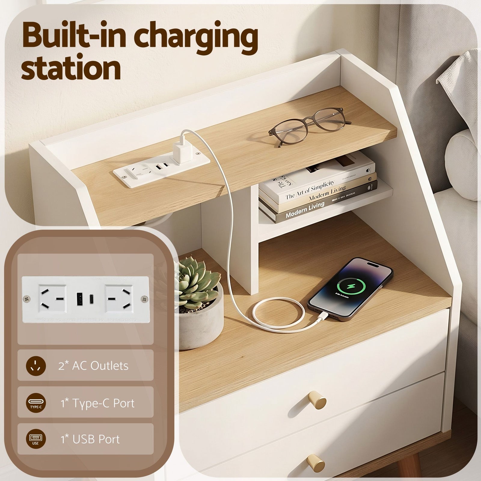 Bedside Table – 2 Drawers, 3 Shelves, Charging Ports, White & Pine