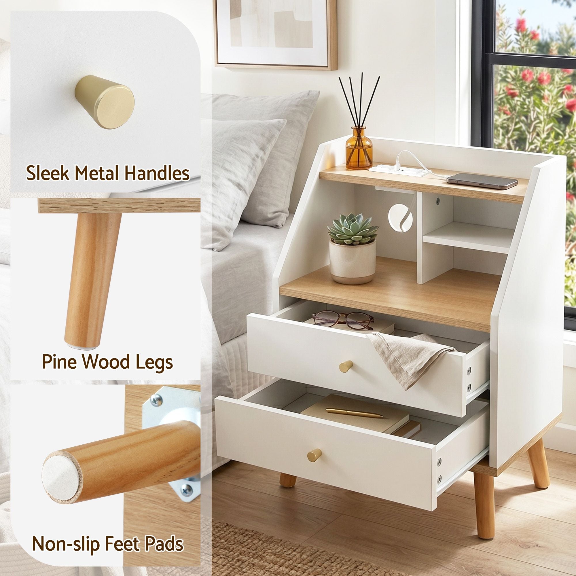 Bedside Table – 2 Drawers, 3 Shelves, Charging Ports, White & Pine
