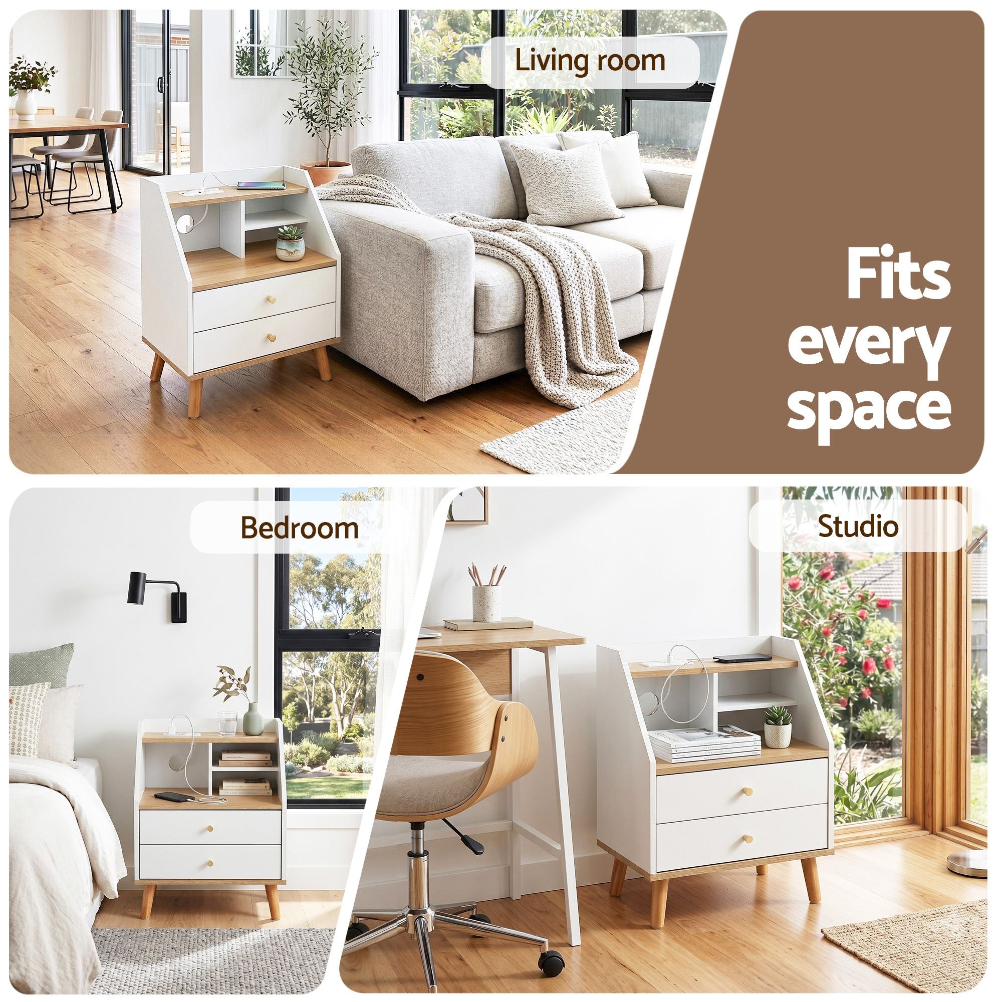 Bedside Table – 2 Drawers, 3 Shelves, Charging Ports, White & Pine