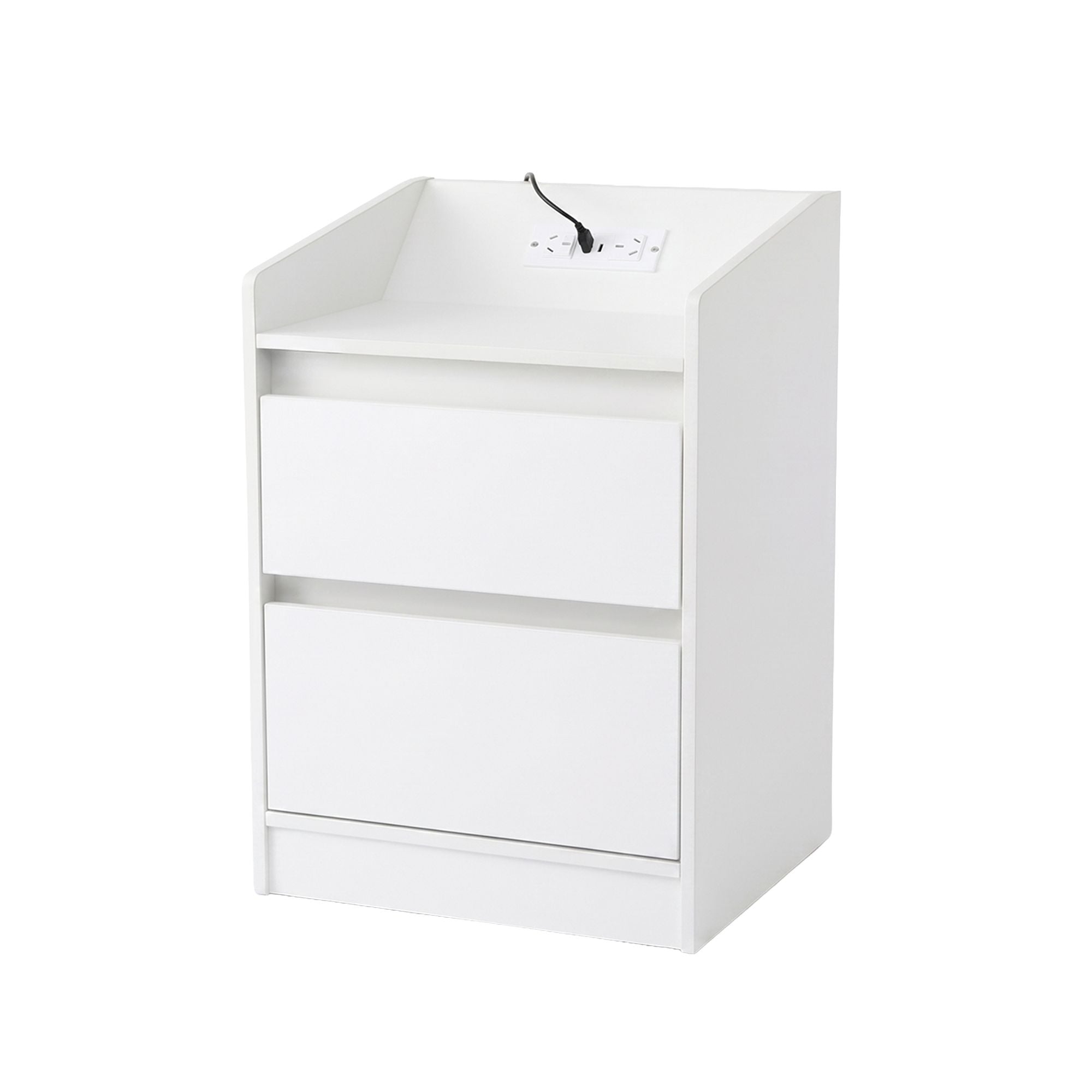 LED Bedside Table – White Nightstand w/ Charging Station & 2 Drawers