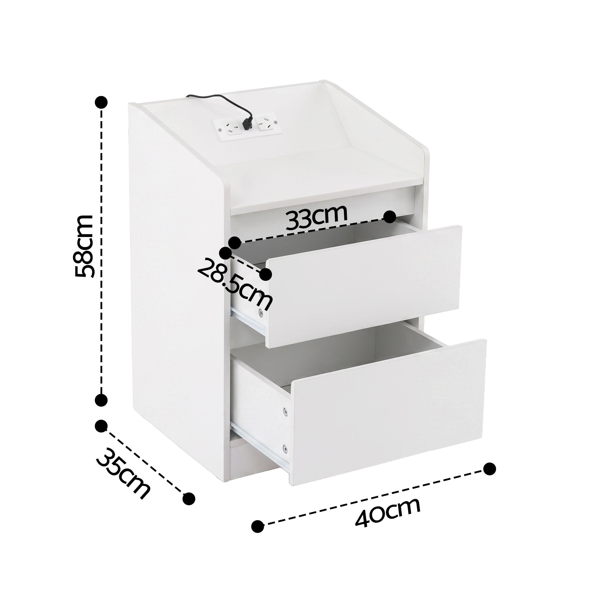 LED Bedside Table – White Nightstand w/ Charging Station & 2 Drawers