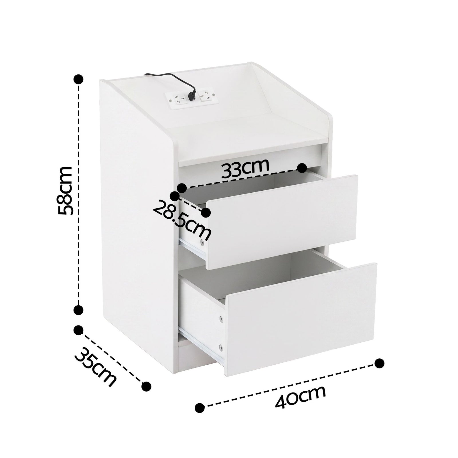LED Bedside Table – White Nightstand w/ Charging Station & 2 Drawers