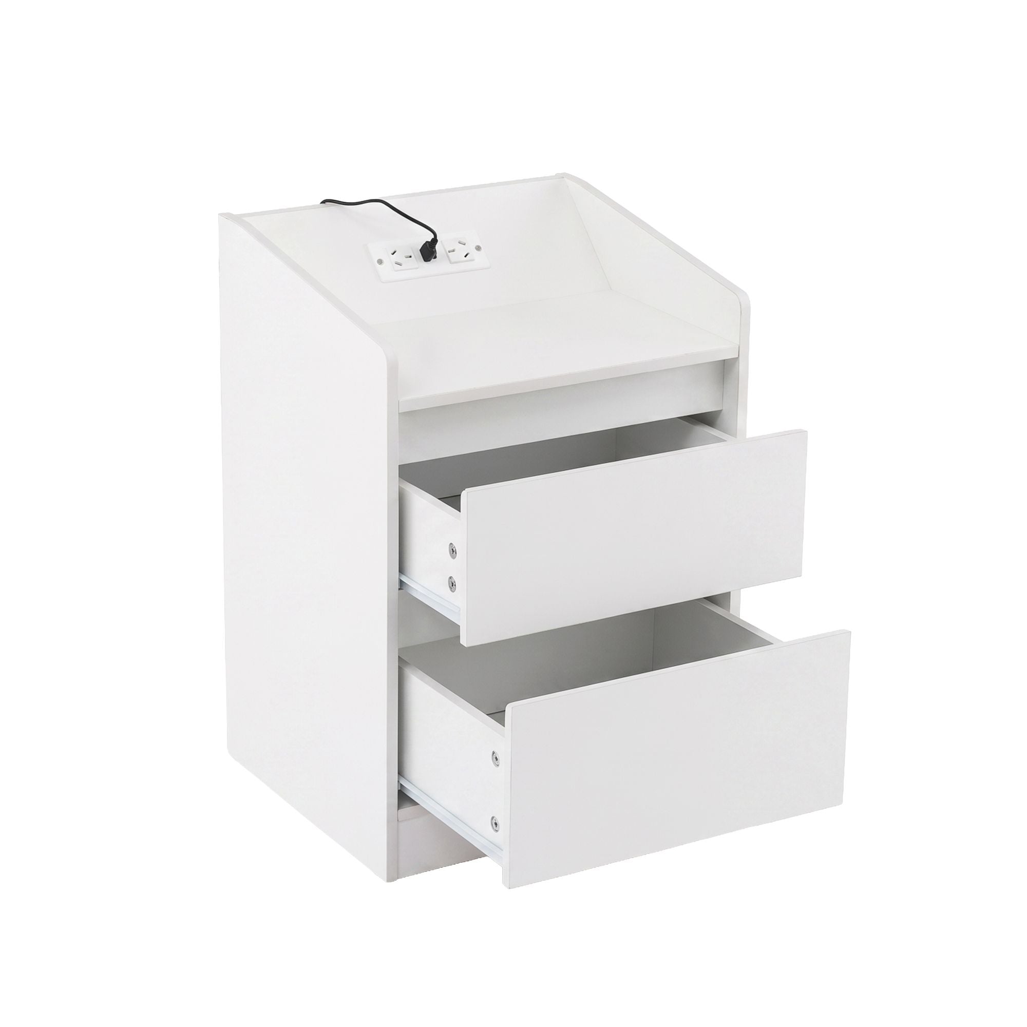 LED Bedside Table – White Nightstand w/ Charging Station & 2 Drawers