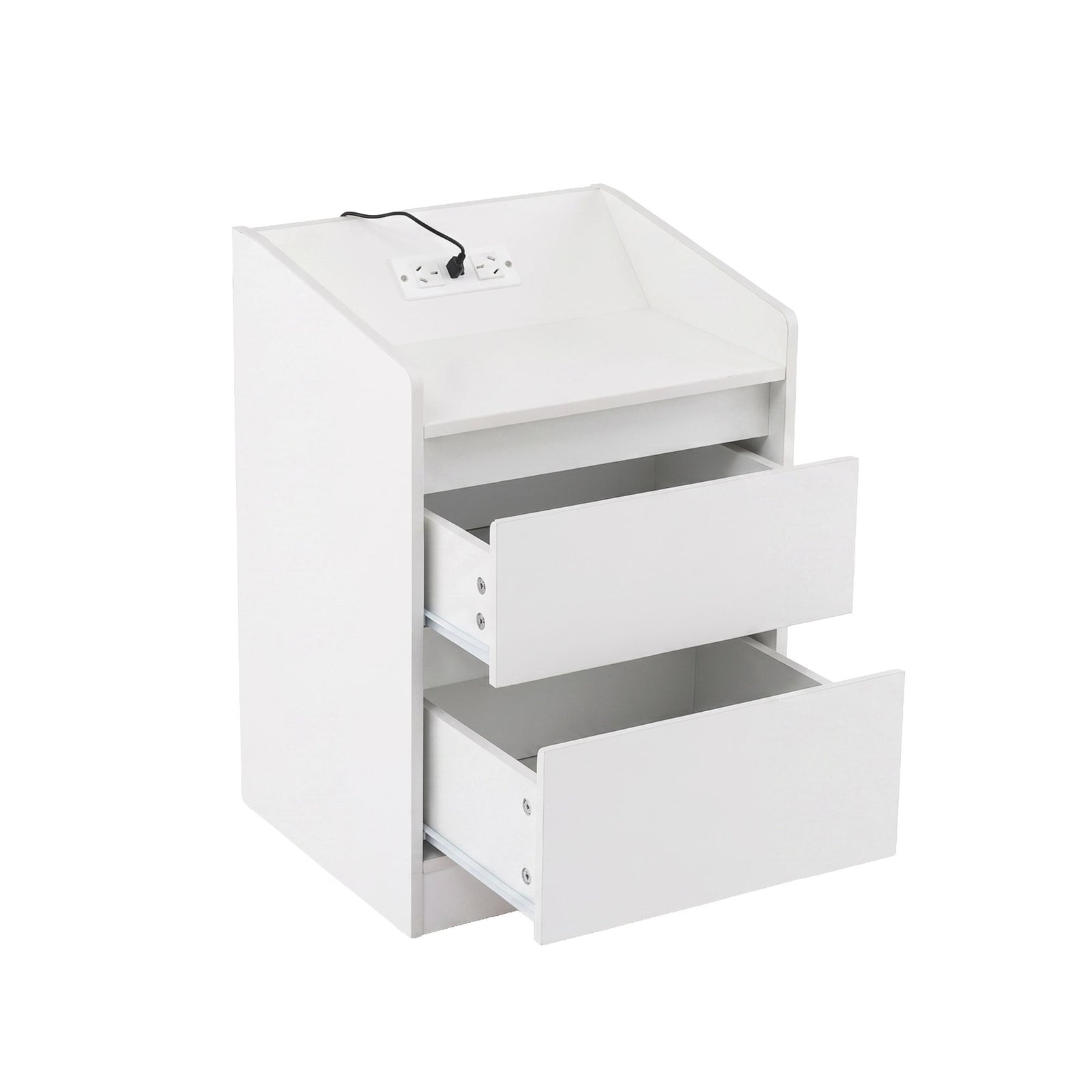 LED Bedside Table – White Nightstand w/ Charging Station & 2 Drawers