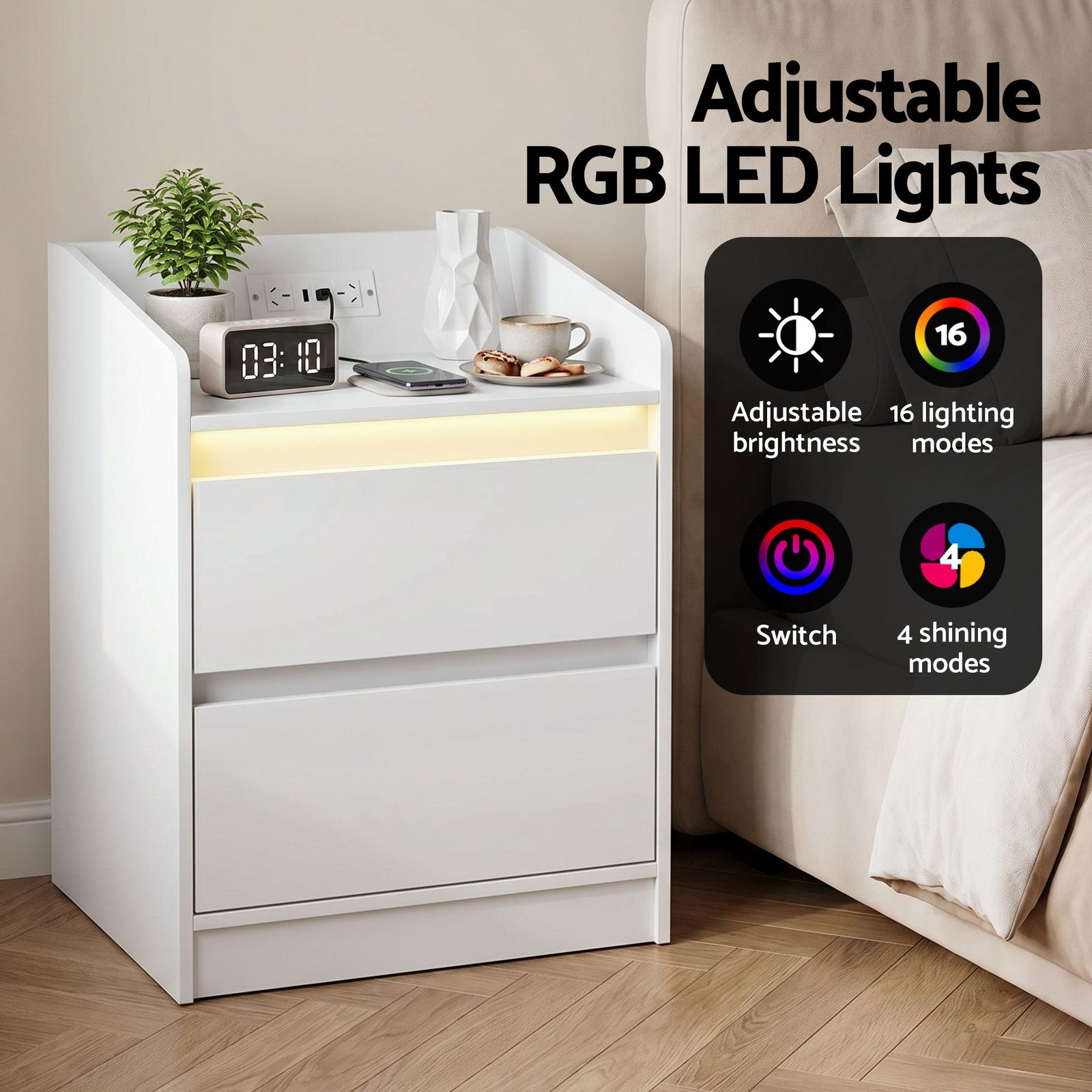 LED Bedside Table – White Nightstand w/ Charging Station & 2 Drawers