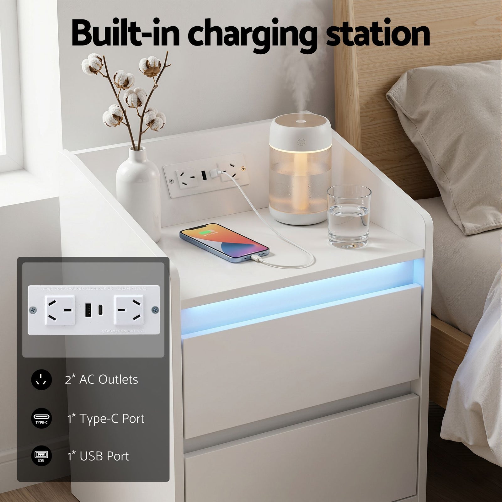 LED Bedside Table – White Nightstand w/ Charging Station & 2 Drawers