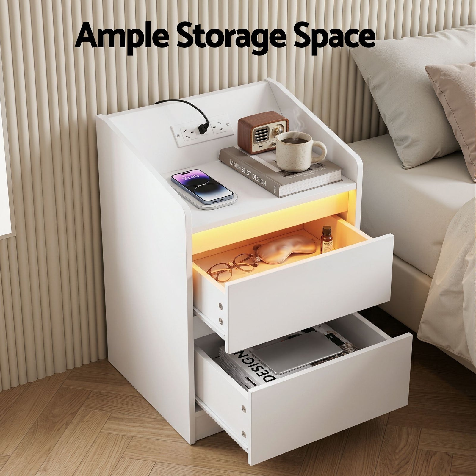 LED Bedside Table – White Nightstand w/ Charging Station & 2 Drawers