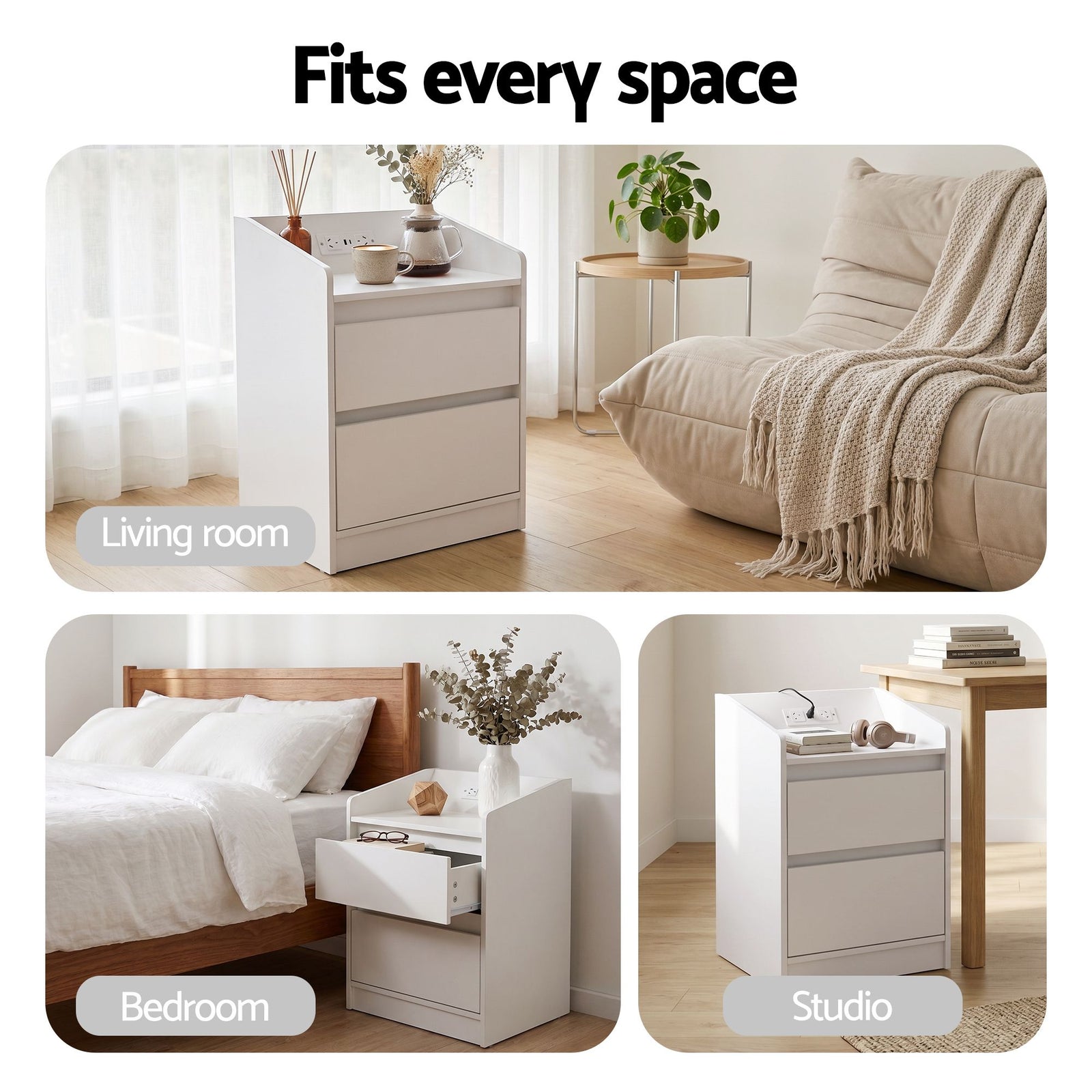 LED Bedside Table – White Nightstand w/ Charging Station & 2 Drawers
