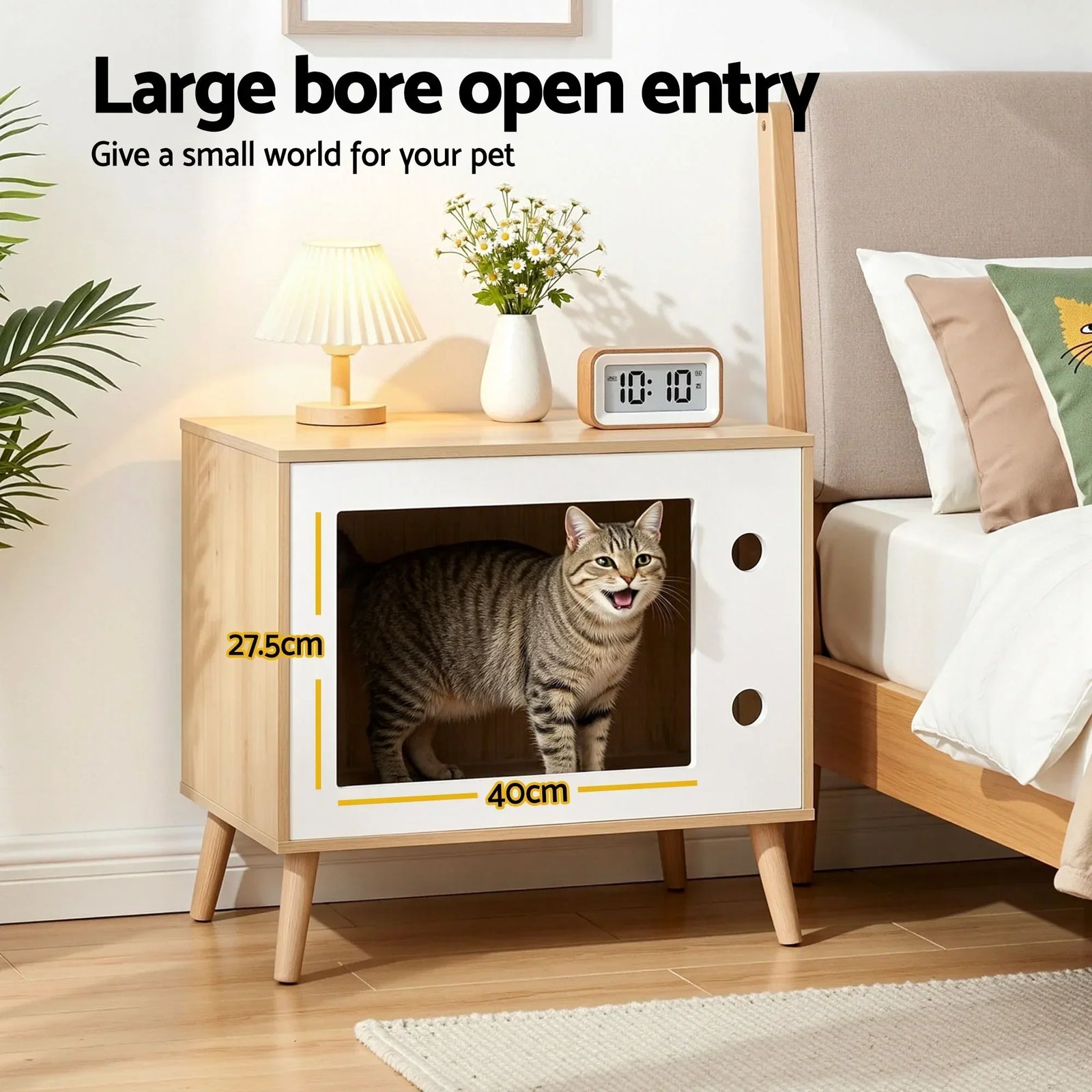 2‑in‑1 Bedside Table & Cat House – MDF/Pine, 60cm, Pine/White
