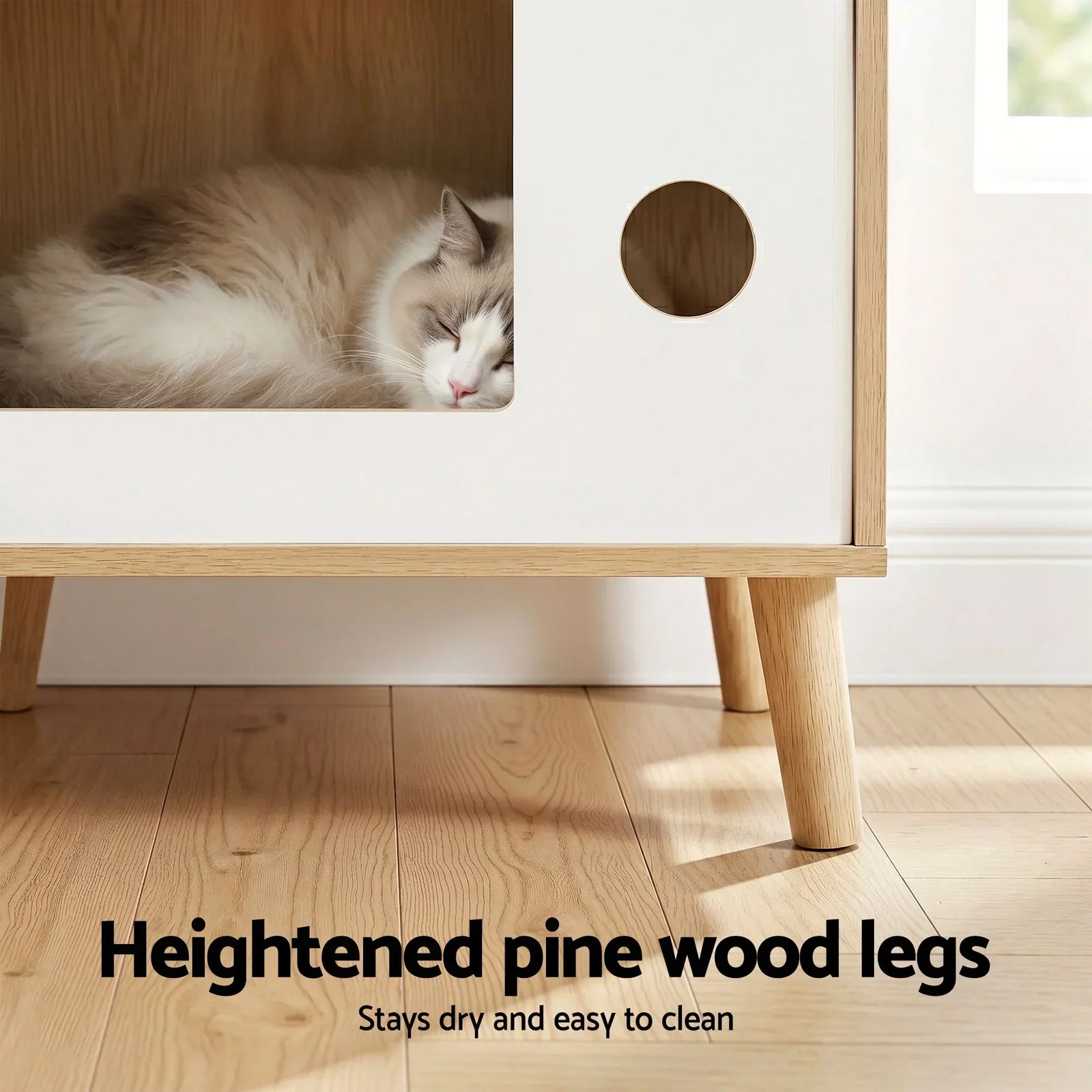 2‑in‑1 Bedside Table & Cat House – MDF/Pine, 60cm, Pine/White