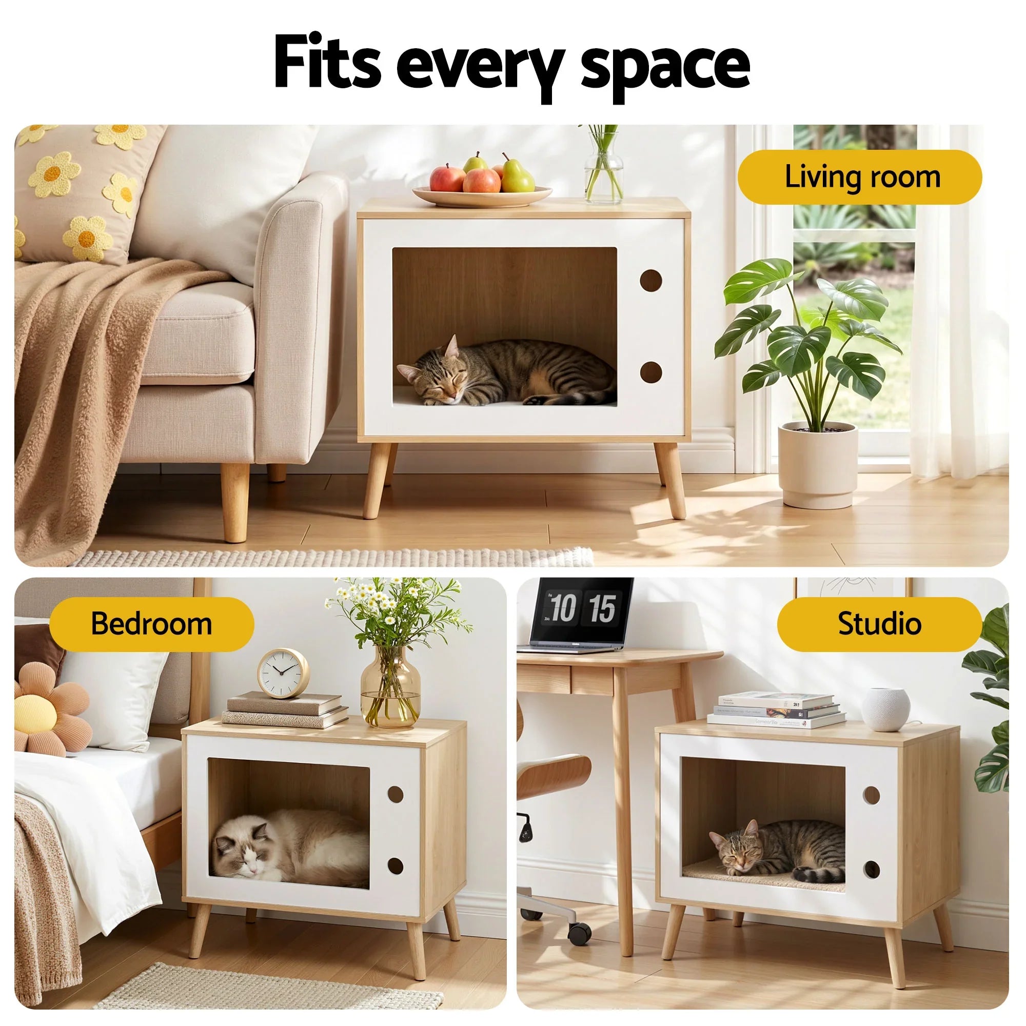 2‑in‑1 Bedside Table & Cat House – MDF/Pine, 60cm, Pine/White